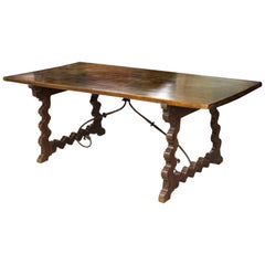 Antique Walnut “Lyre Legs” Table with Wrought Iron Fasteners, Spain, Castille