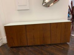 Walnut M2L Brand Credenza with White Glass Top
