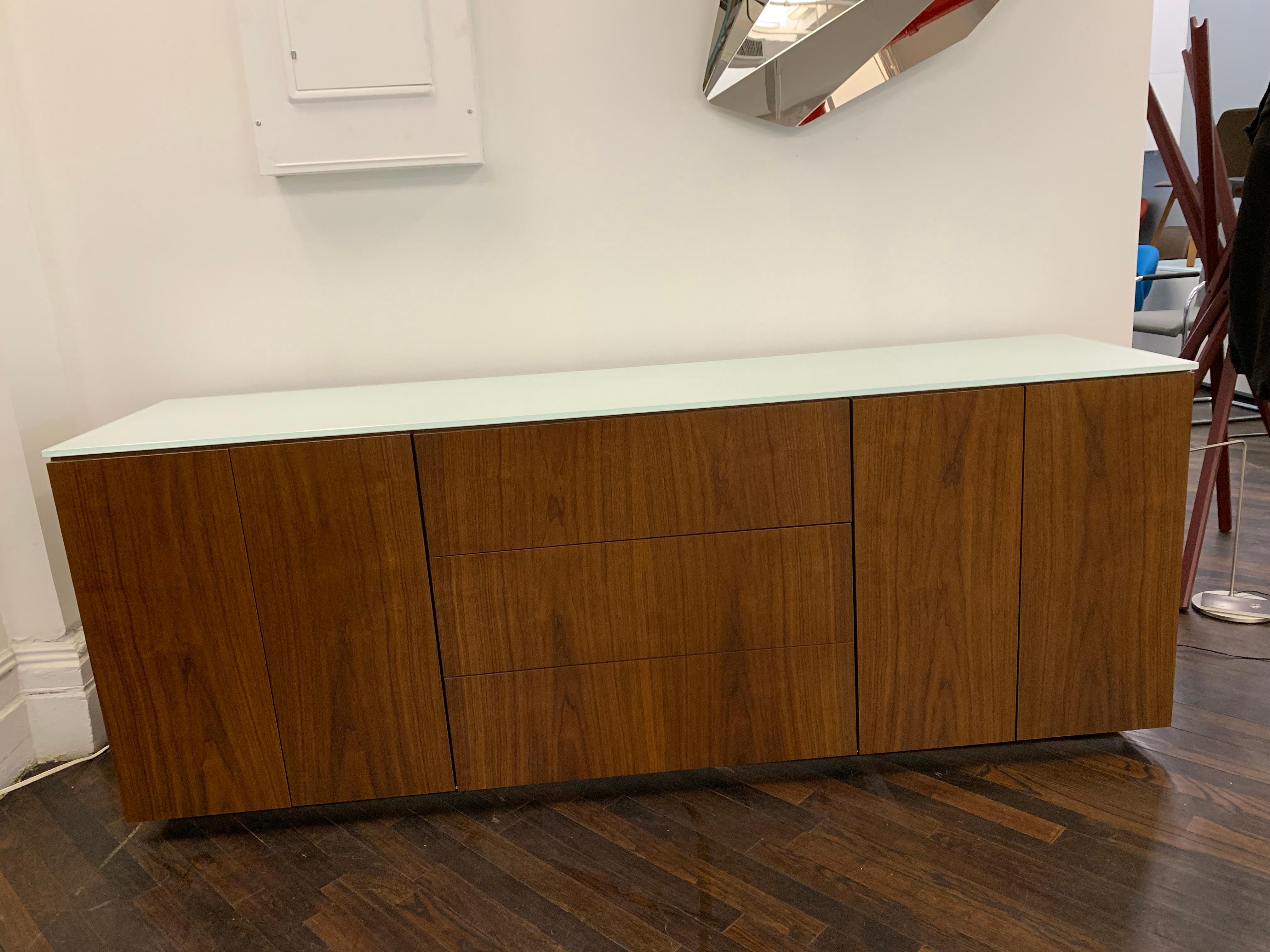 Modern Walnut M2L Brand Credenza with White Glass Top