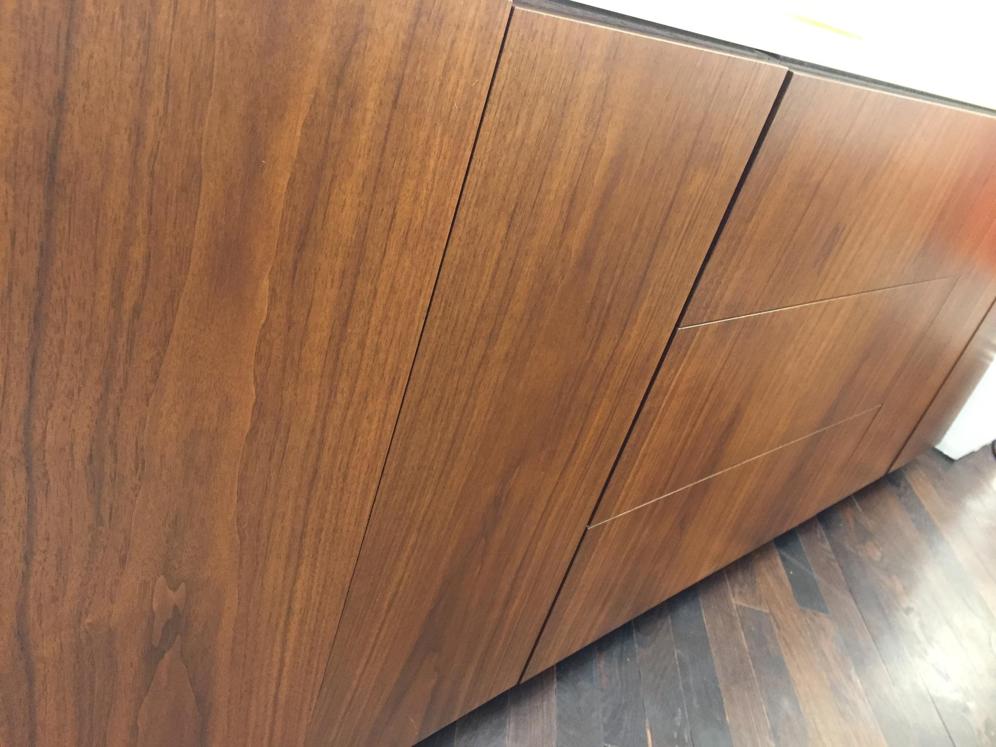 Canadian Walnut M2L Brand Credenza with White Glass Top
