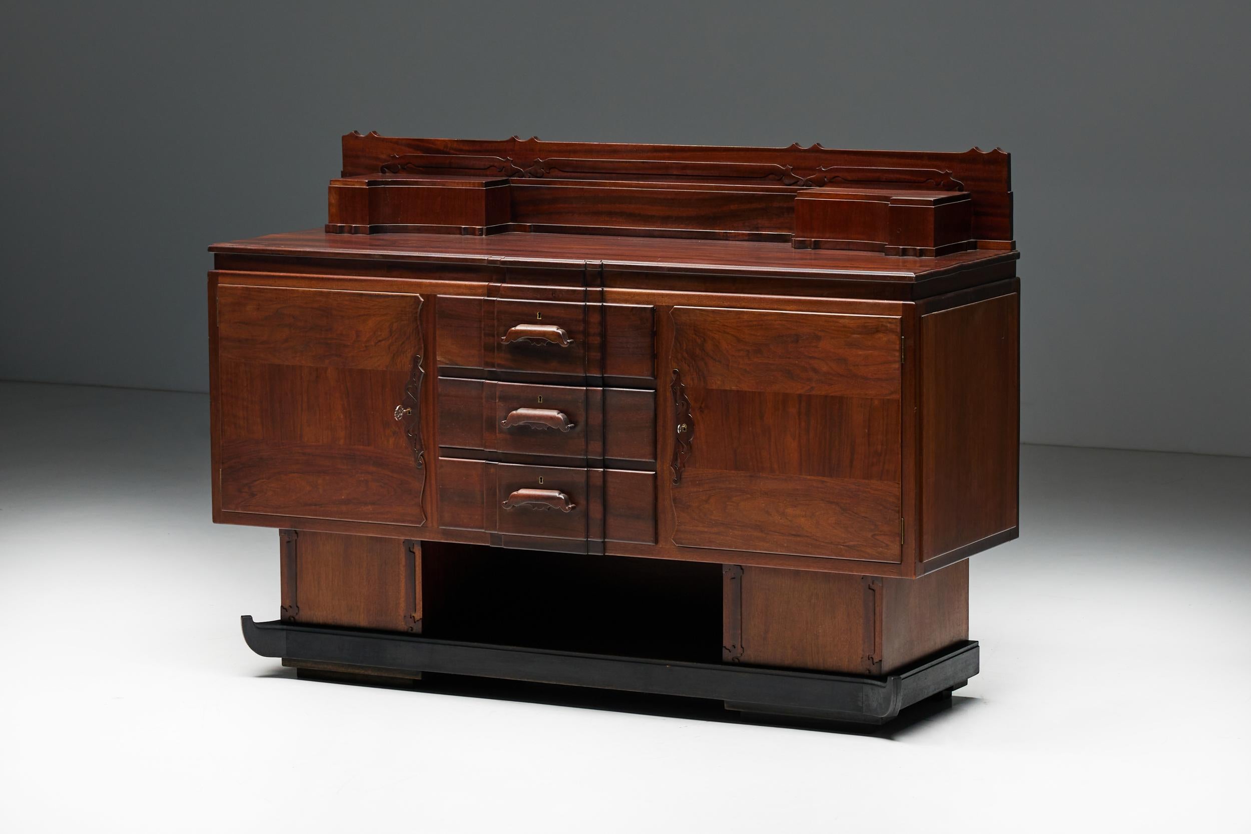 Arts and Crafts Walnut & Mahogany Amsterdam School Credenza, Netherlands, 1920s For Sale