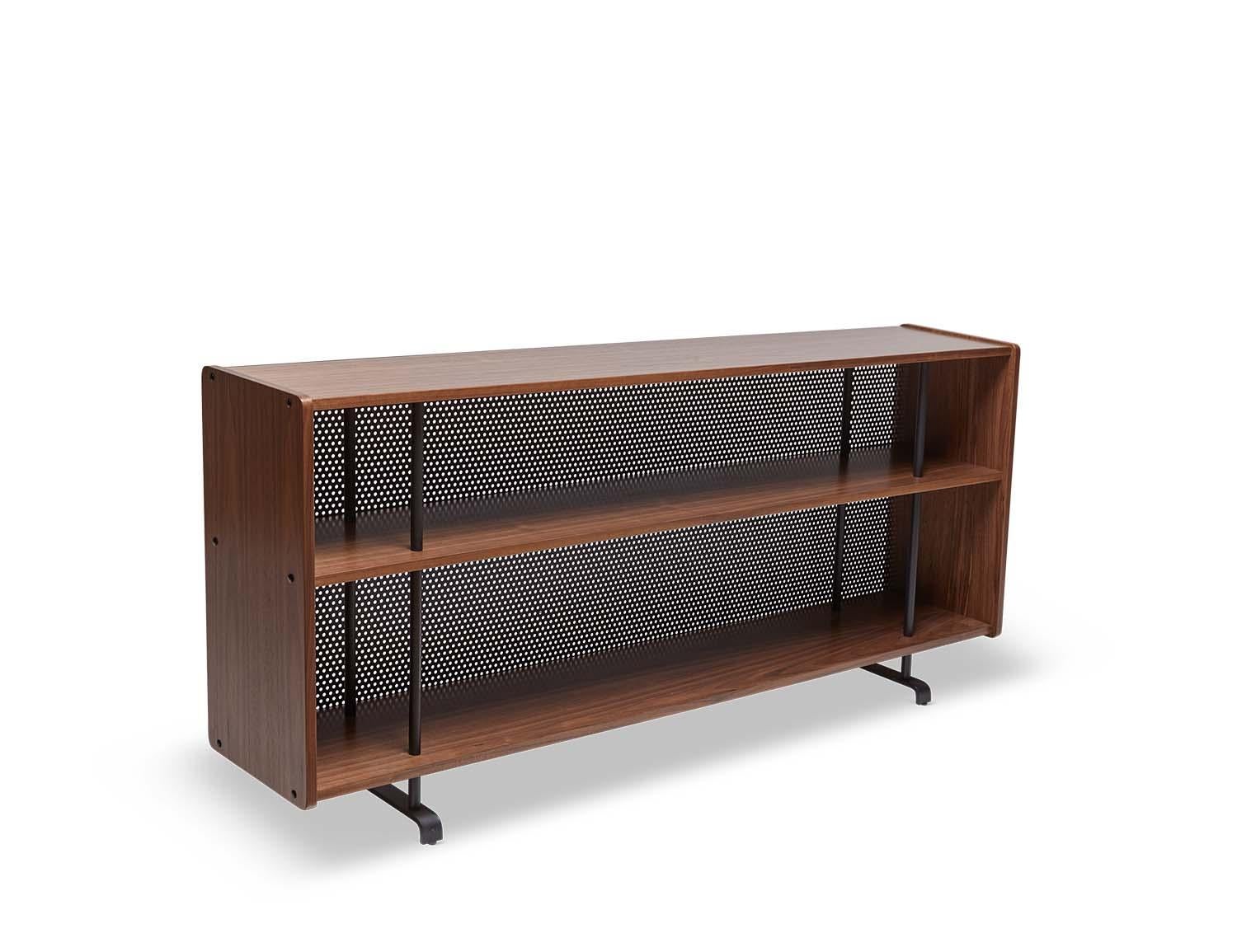 The Maker's console is made of American walnut or white oak and rests on a blackened steel base. Features two shelves and a perforated steel detail on the back. 

The Lawson-Fenning Collection is designed and handmade in Los Angeles, California.