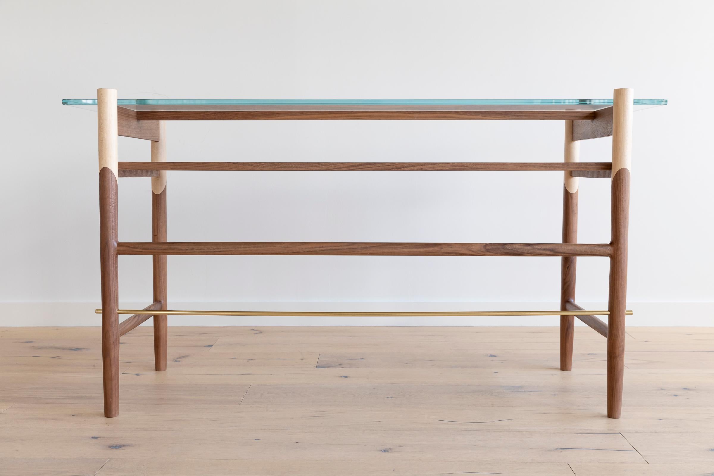 Walnut, Maple, and Brass Console with Tempered Glass Top For Sale 1
