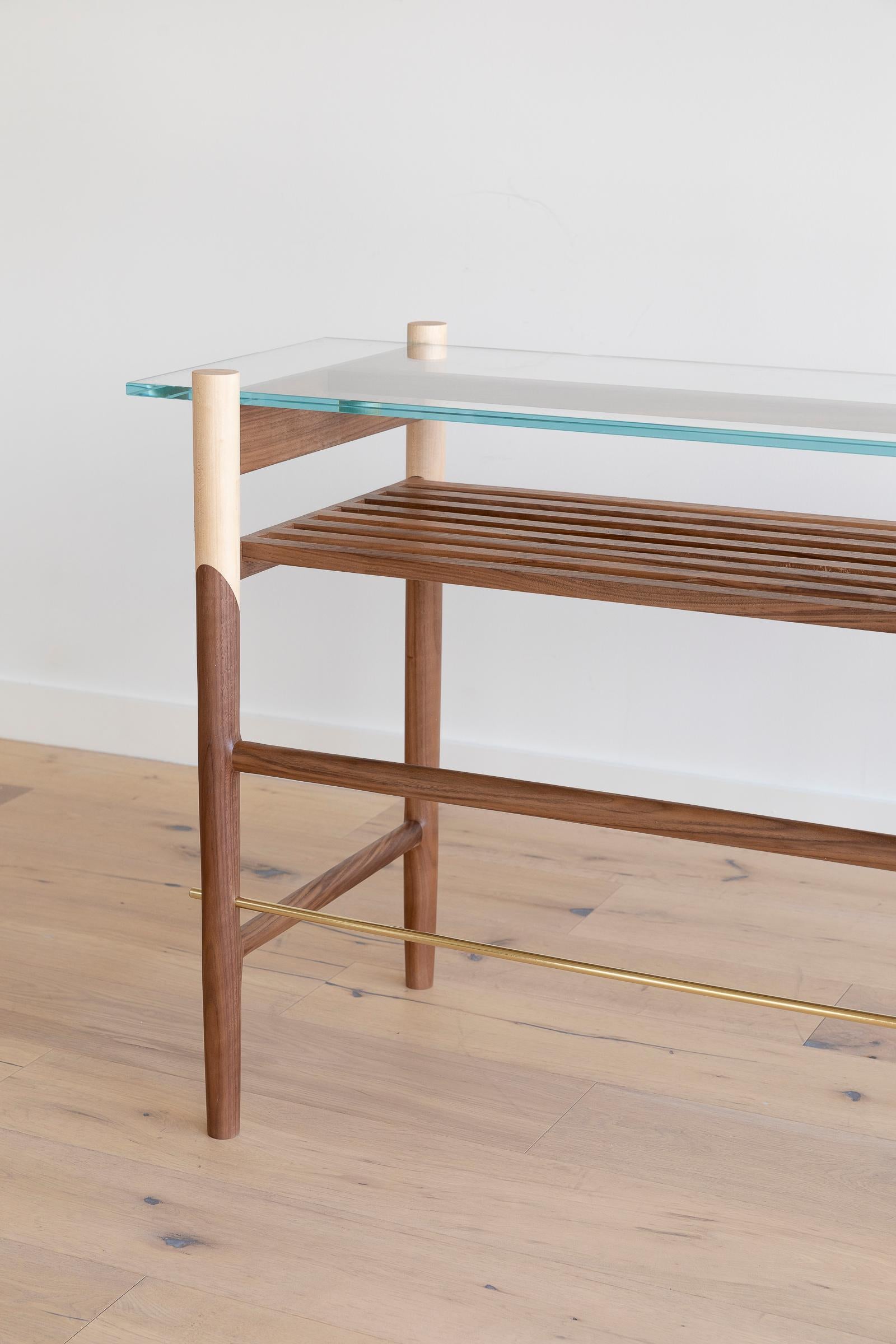 Walnut, Maple, and Brass Console with Tempered Glass Top For Sale 2