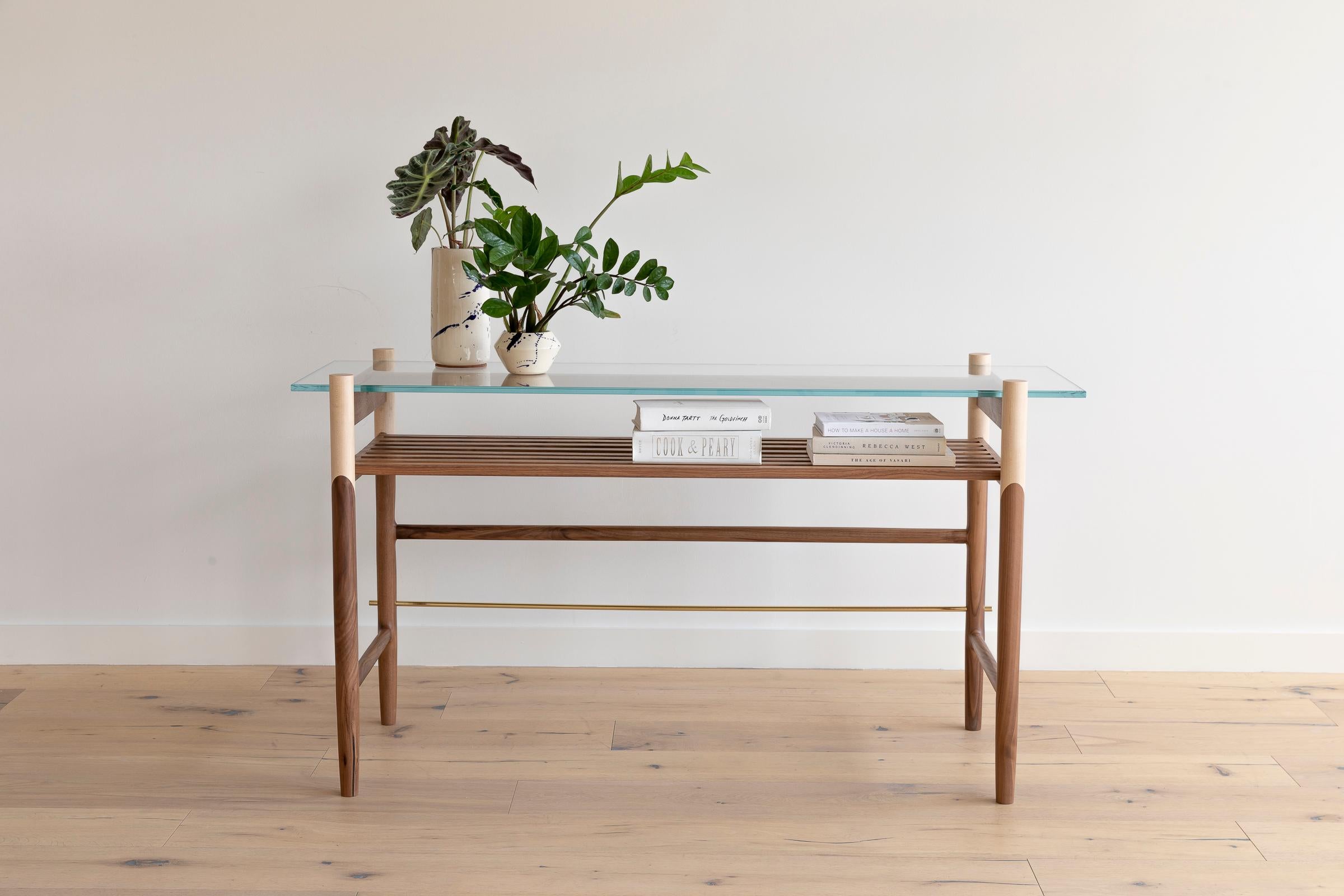 Walnut, Maple, and Brass Console with Tempered Glass Top For Sale 3