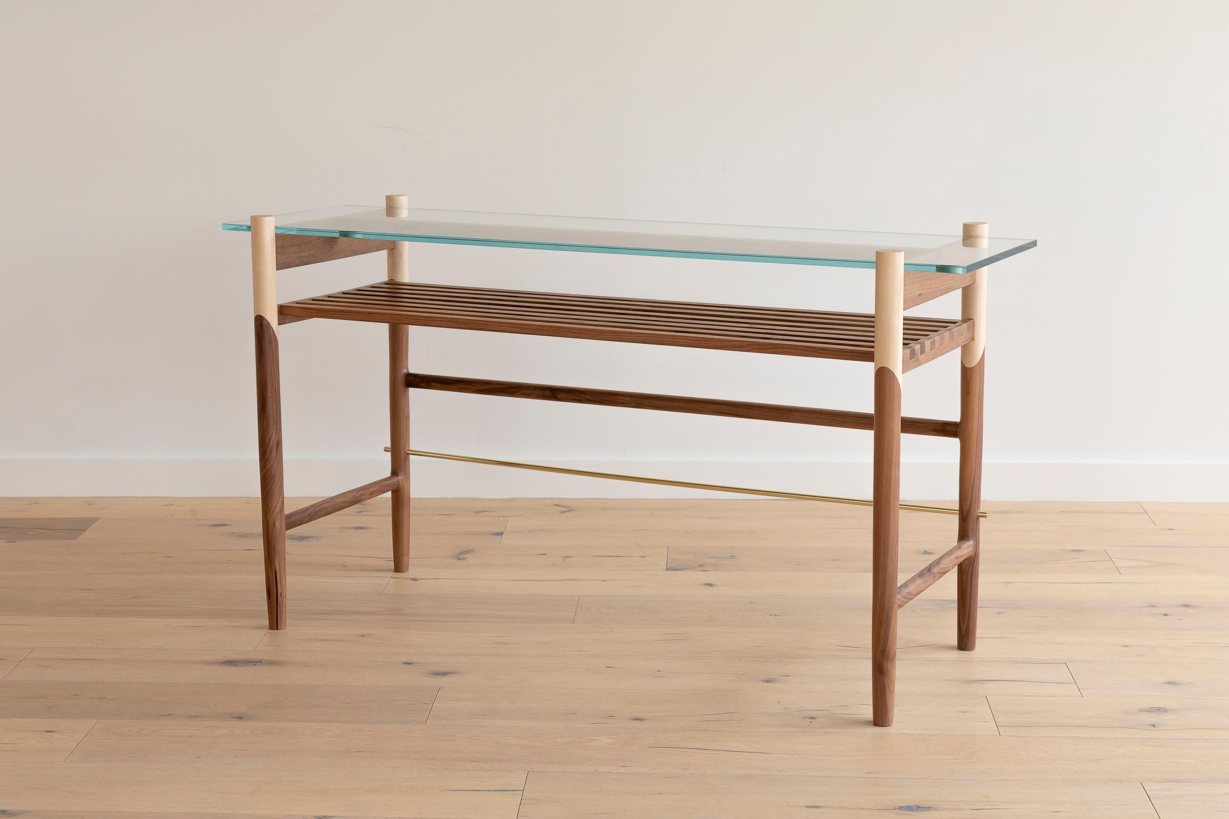 Walnut, Maple, and Brass Console with Tempered Glass Top