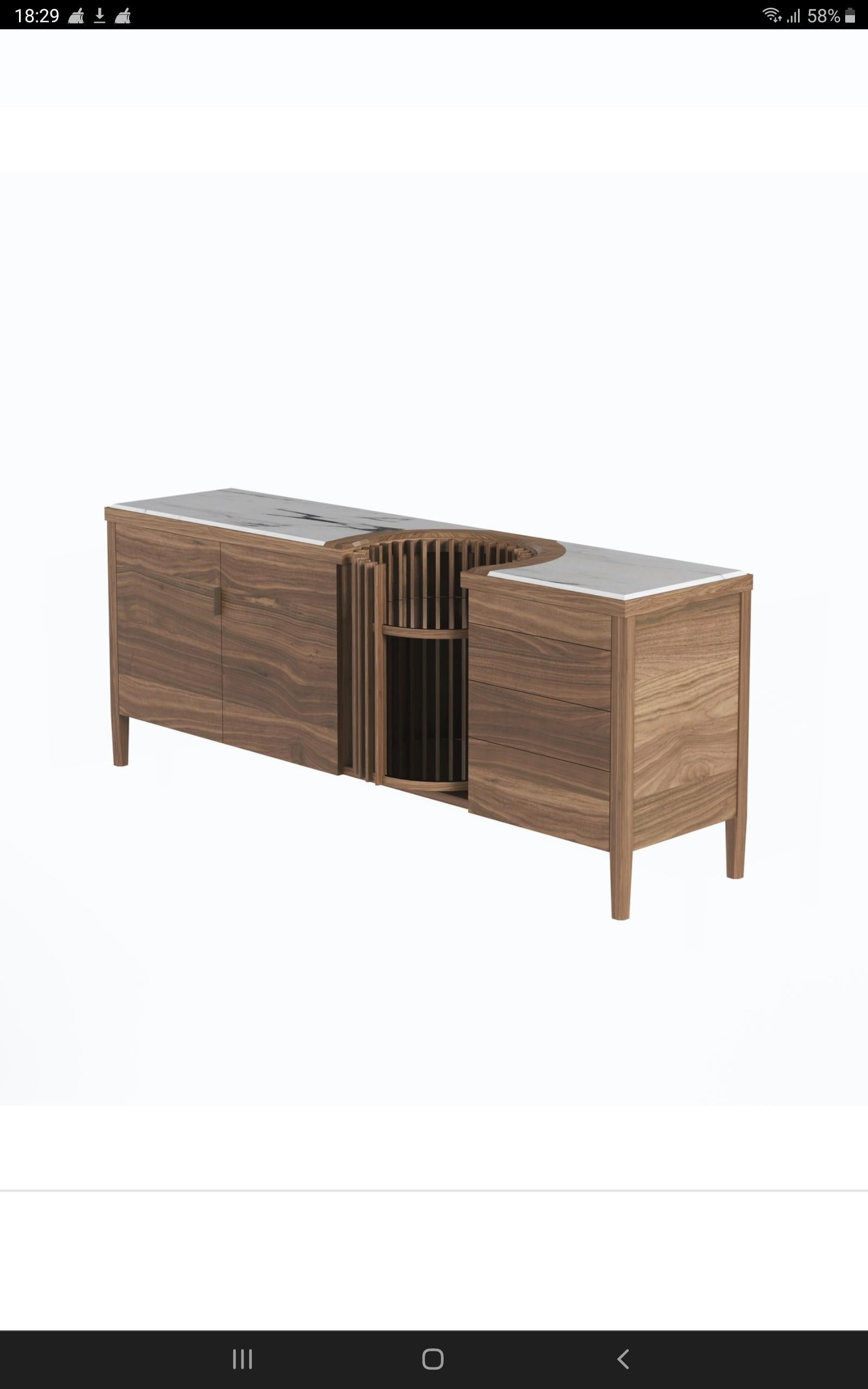 Scandinavian Modern Walnut, Marble Sideboard and Dry Bar Cabinet For Sale