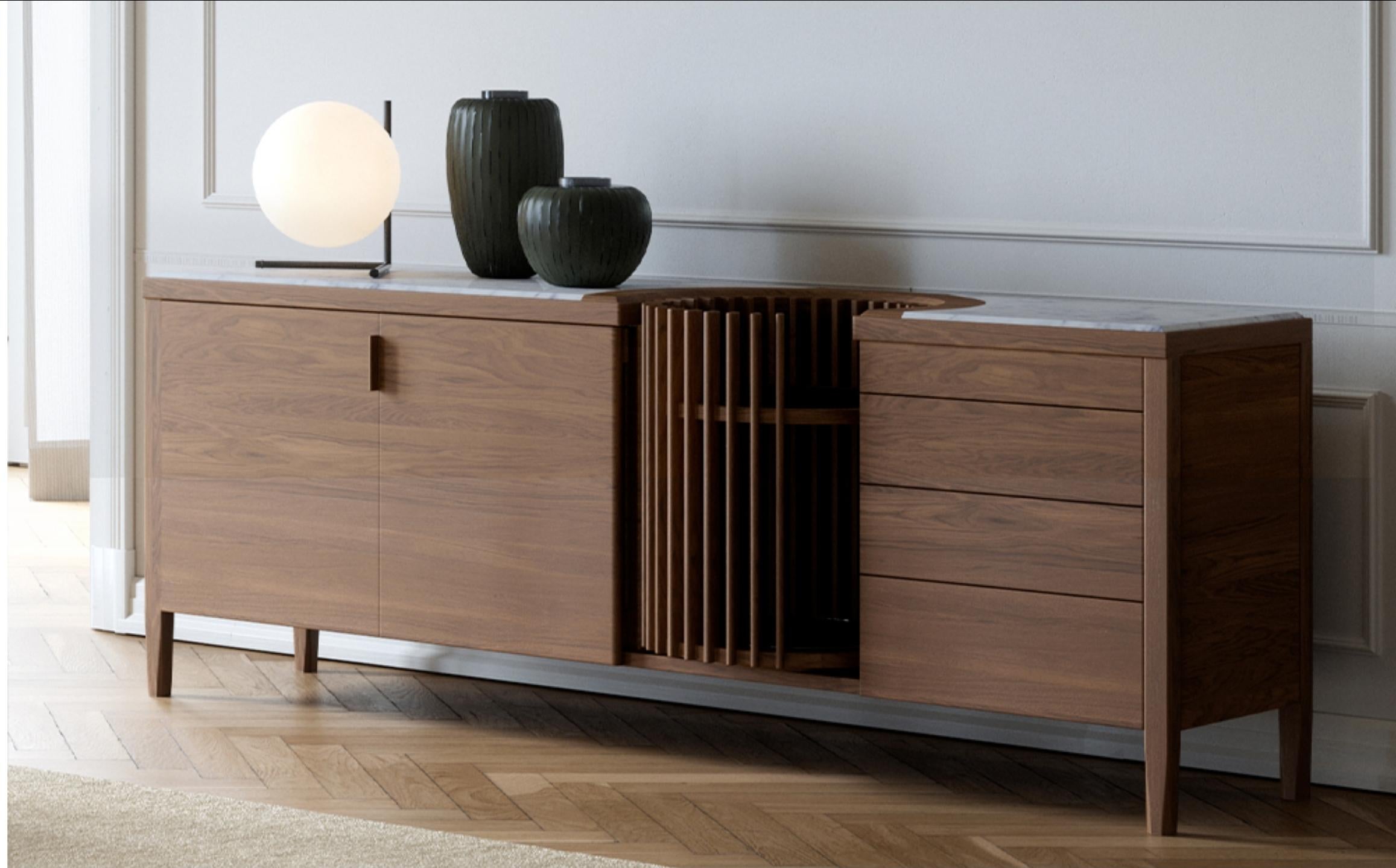 Scandinavian Modern Walnut, Marble Sideboard and Dry Bar Cabinet For Sale