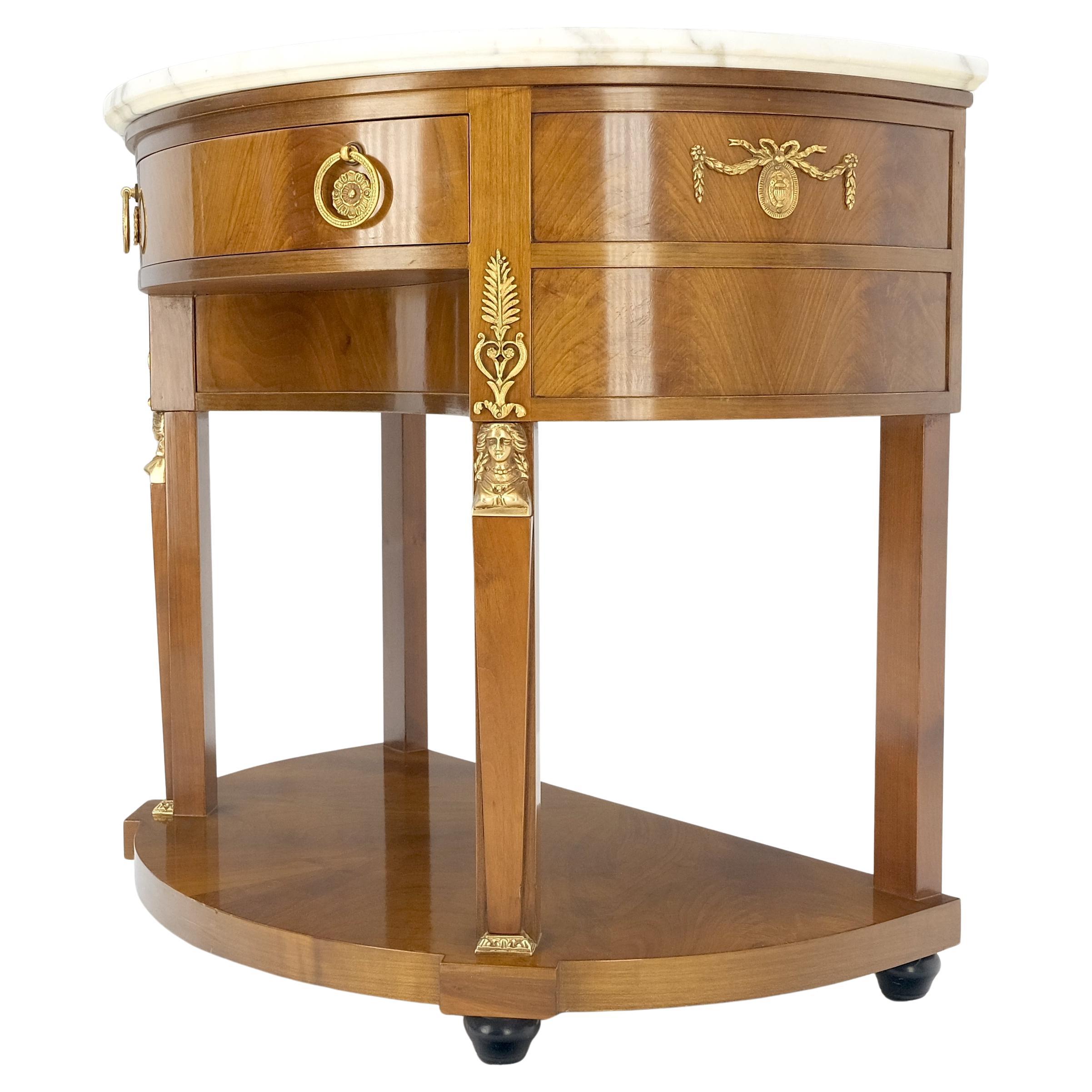 Tavolo consolle in noce con piano in marmo Neoclassico Demi Lune con montaggio in bronzo 1 cassetto