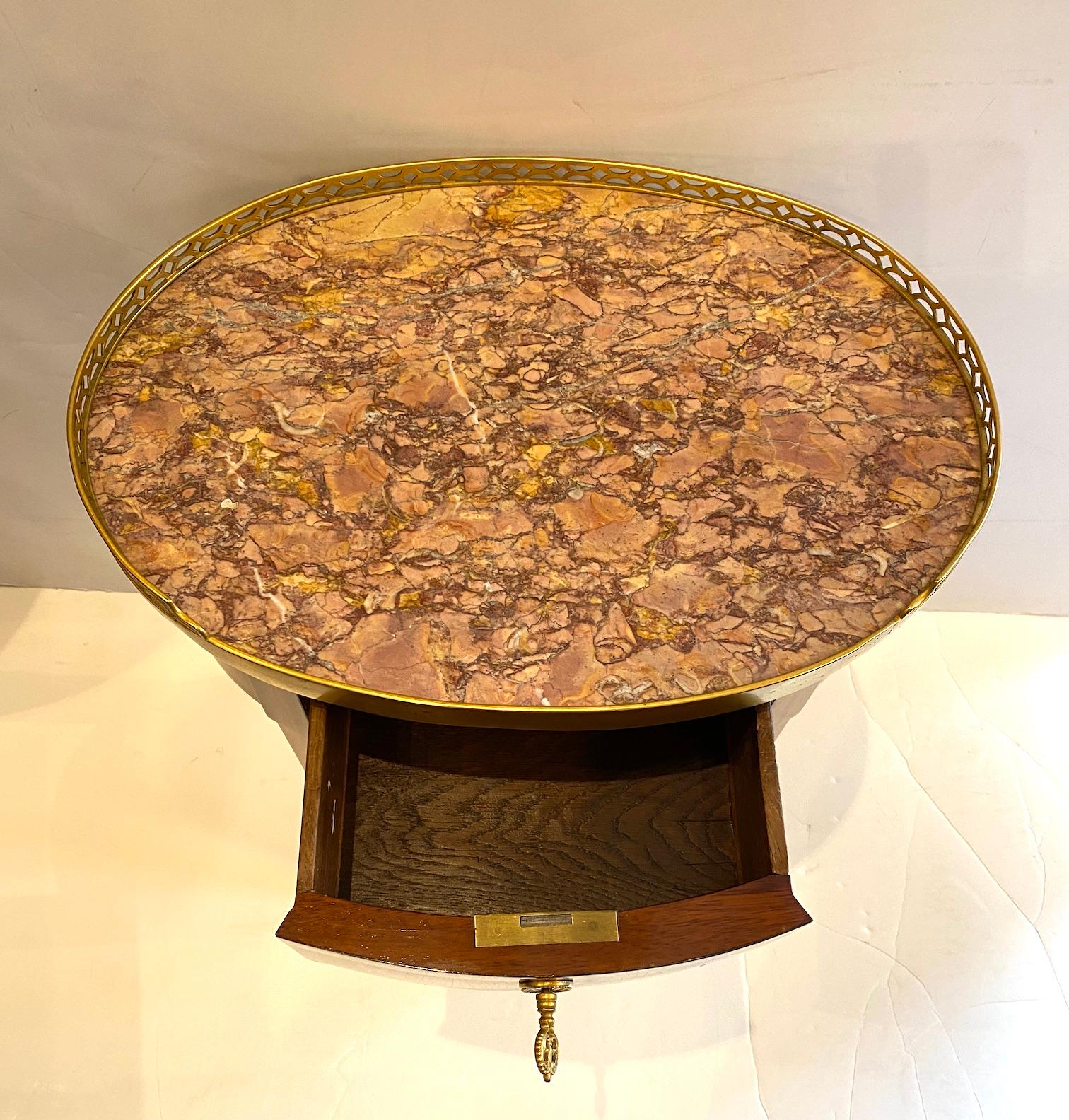 Hand-Carved Walnut Marble Top Oval Table For Sale