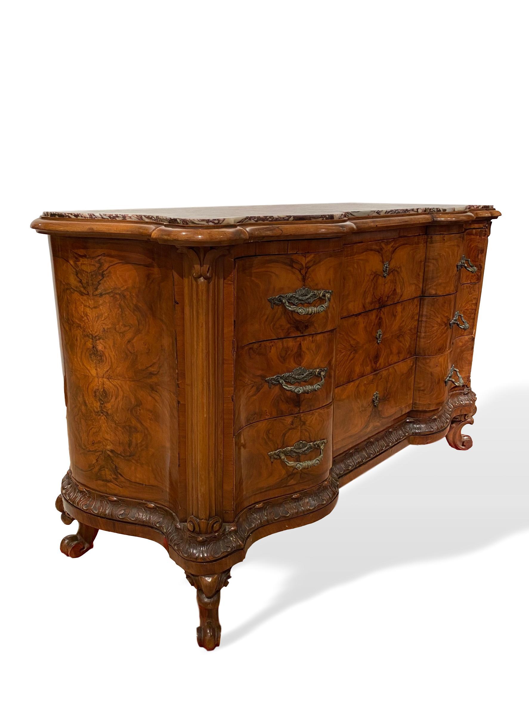 Hand-Carved Walnut Marble-Top Serpentine Commode, Italian, circa 1880