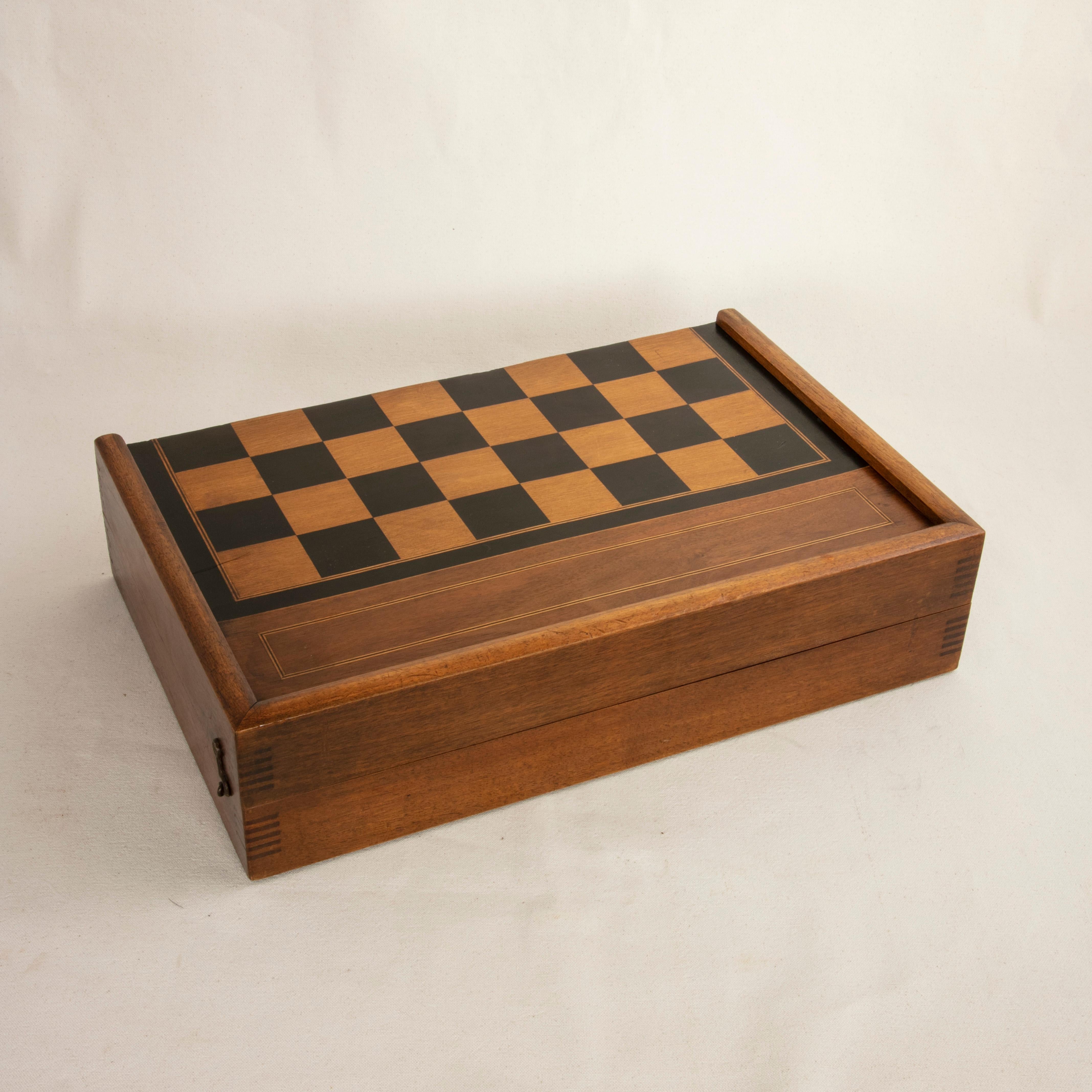 French Walnut Marquetry Folding Game Box, with Chess, Checkers, Backgammon, circa 1900