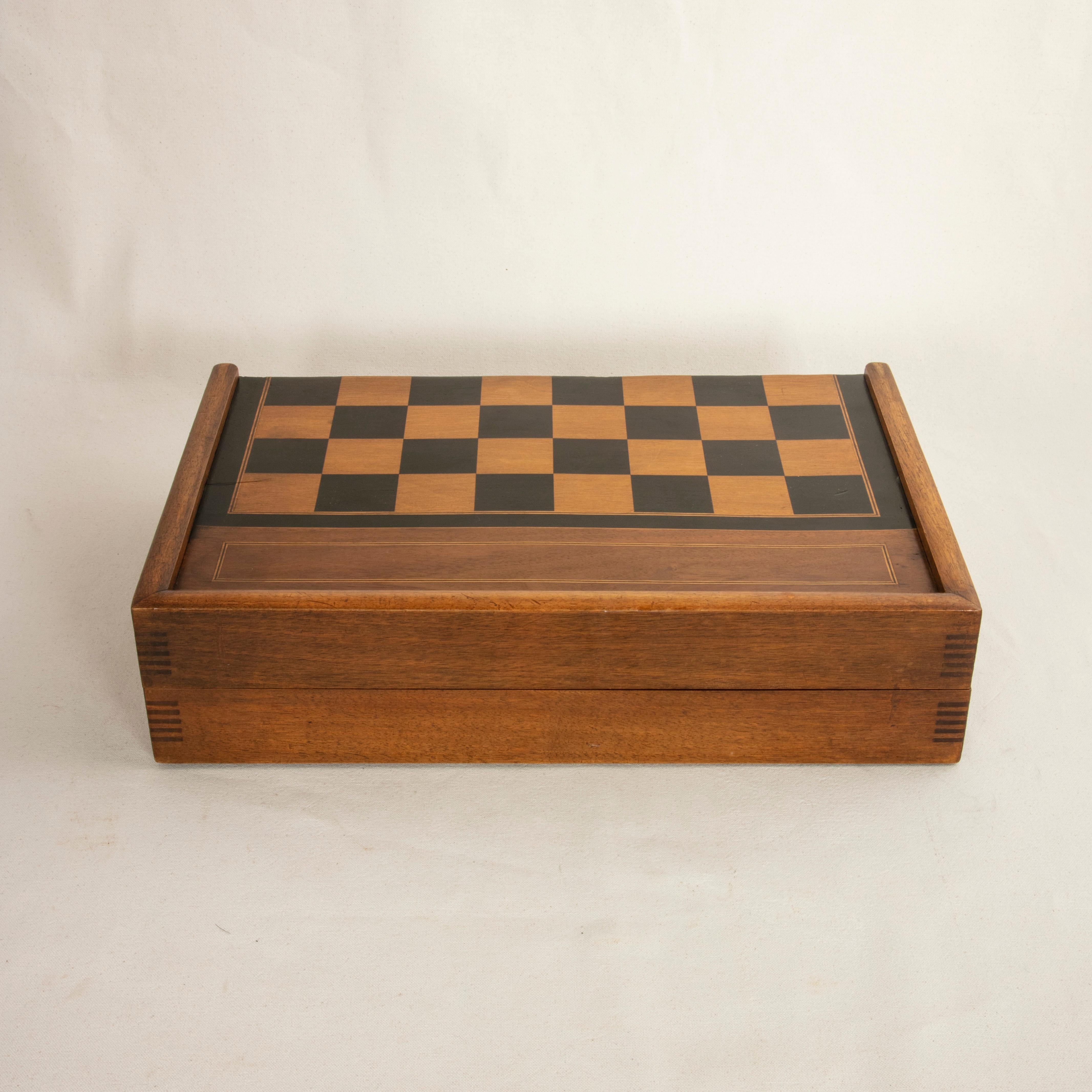 Ebonized Walnut Marquetry Folding Game Box, with Chess, Checkers, Backgammon, circa 1900