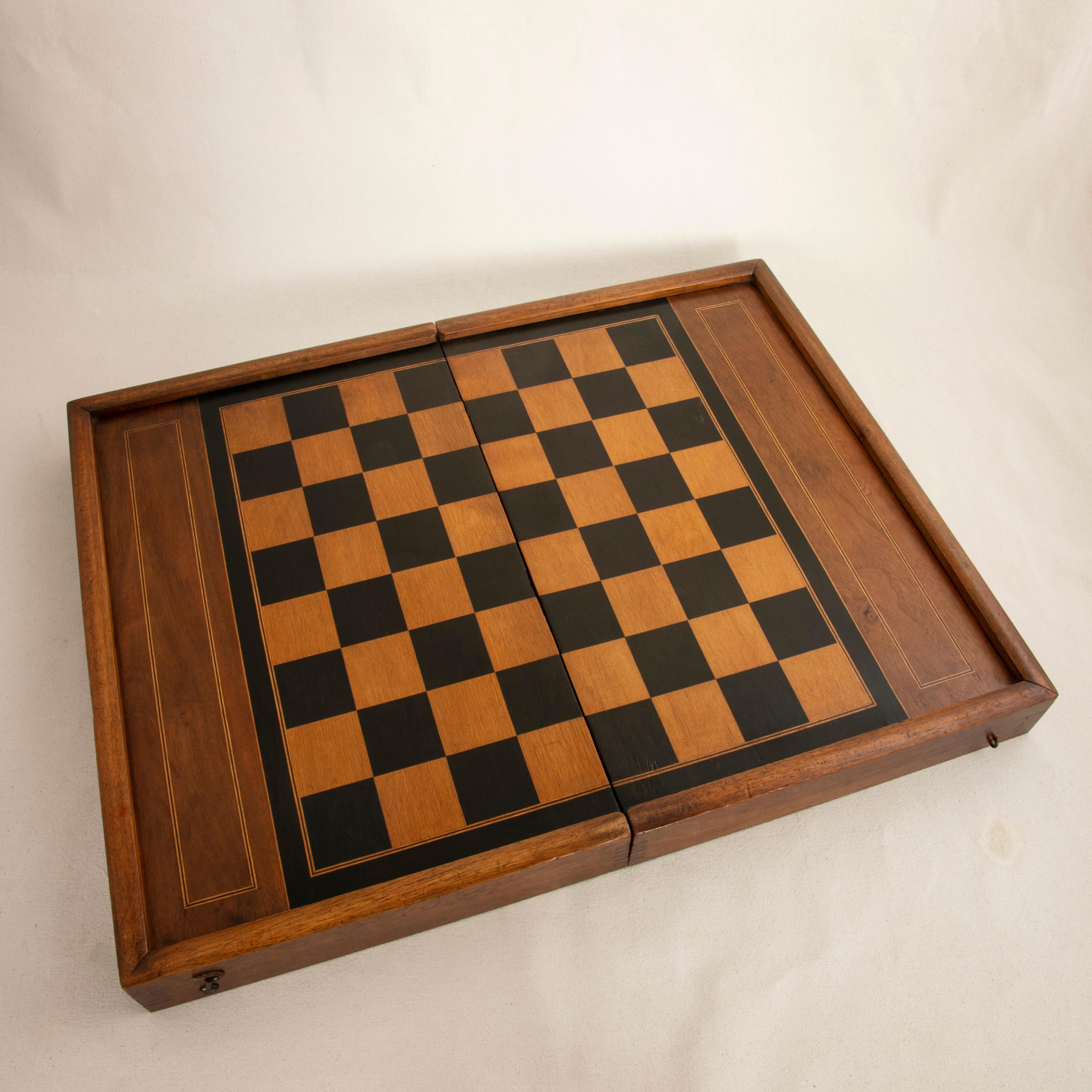 Early 20th Century Walnut Marquetry Folding Game Box, with Chess, Checkers, Backgammon, circa 1900