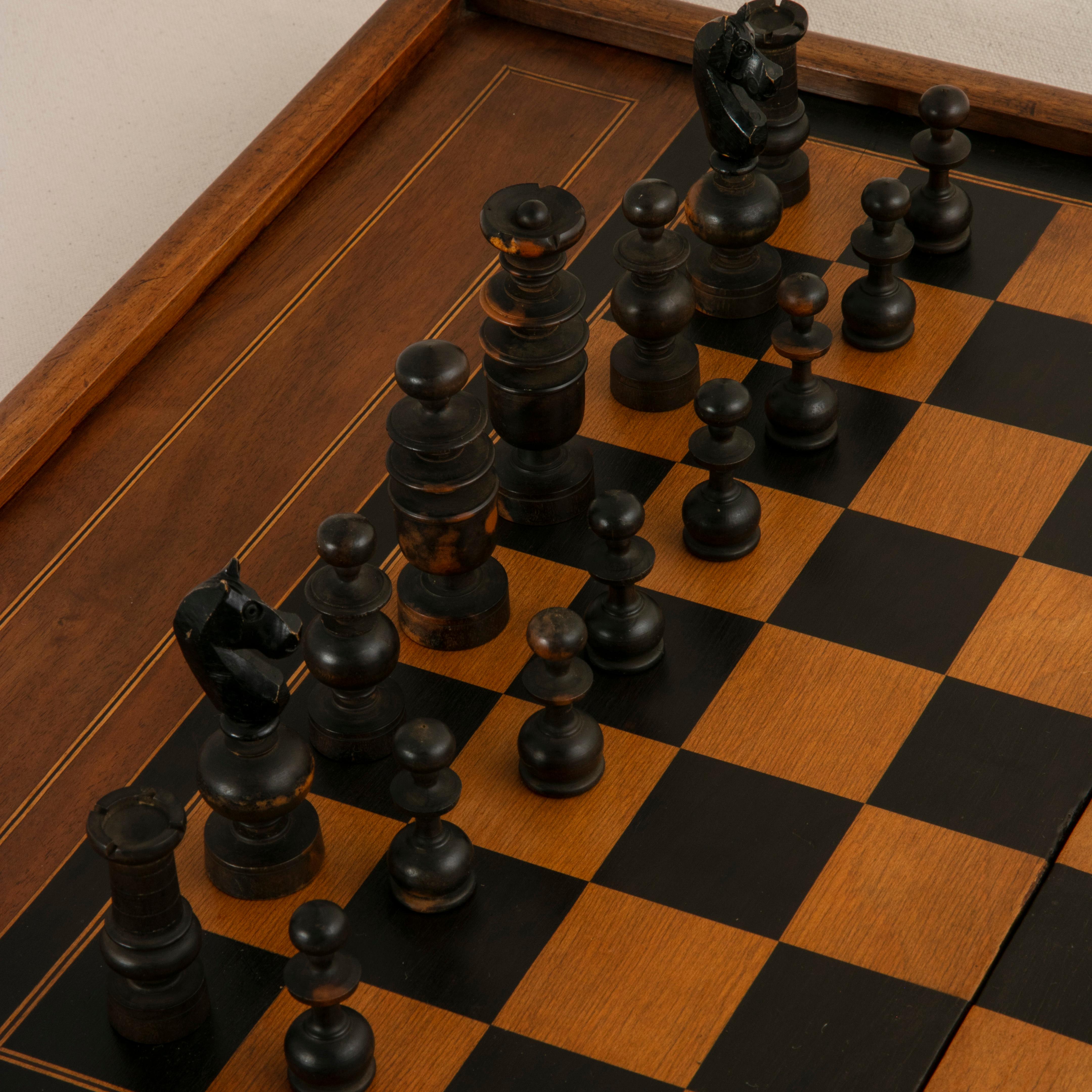 Fruitwood Walnut Marquetry Folding Game Box, with Chess, Checkers, Backgammon, circa 1900