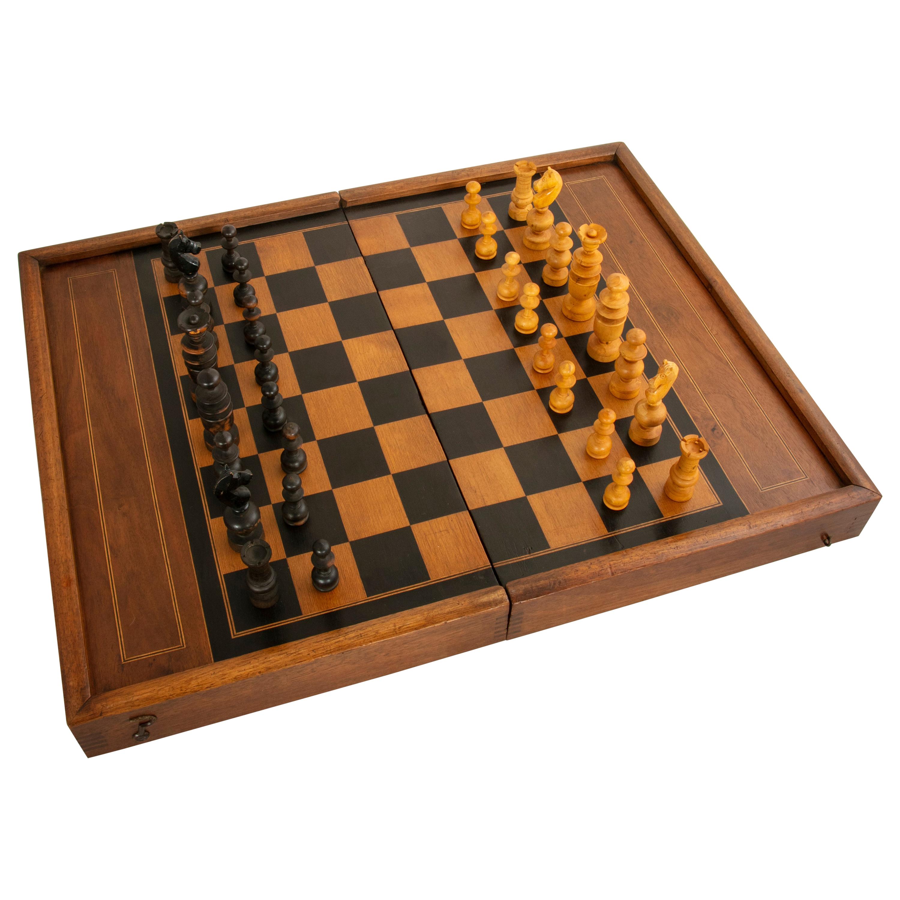 Walnut Marquetry Folding Game Box, with Chess, Checkers, Backgammon, circa 1900
