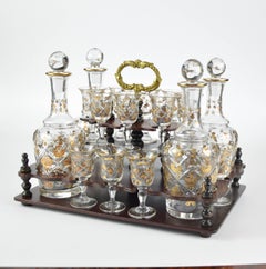 Walnut Marquetry Liquor Cabinet Box with Four Decanter & 13 Etched Gilt Glasses