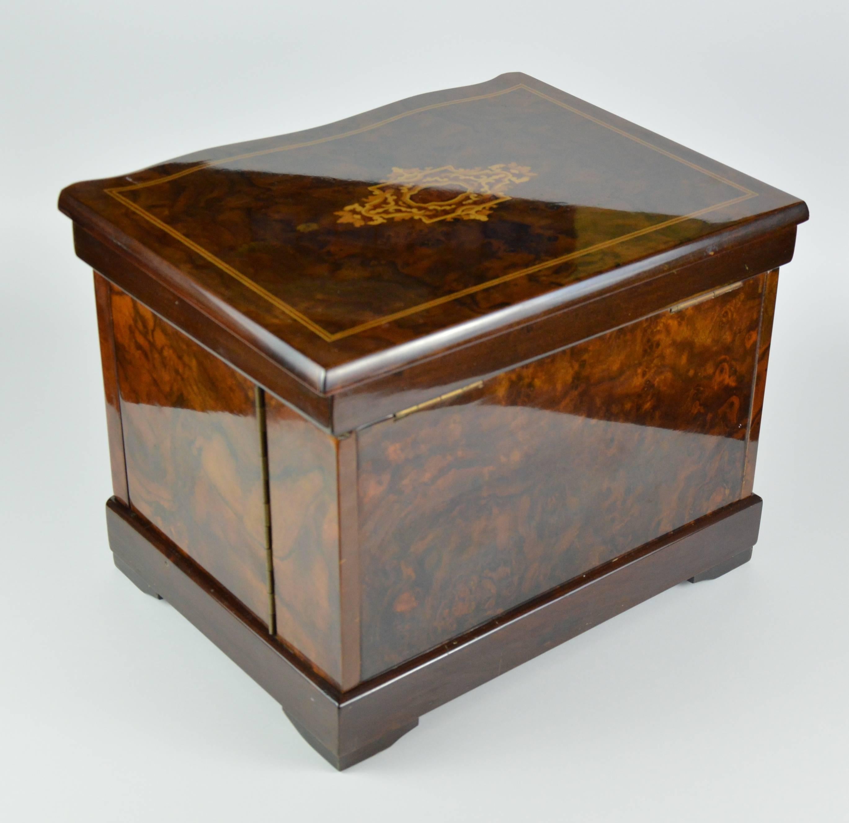 French Walnut Marquetry Liquor Cabinet Box with Four Decanter & 13 Etched Gilt Glasses