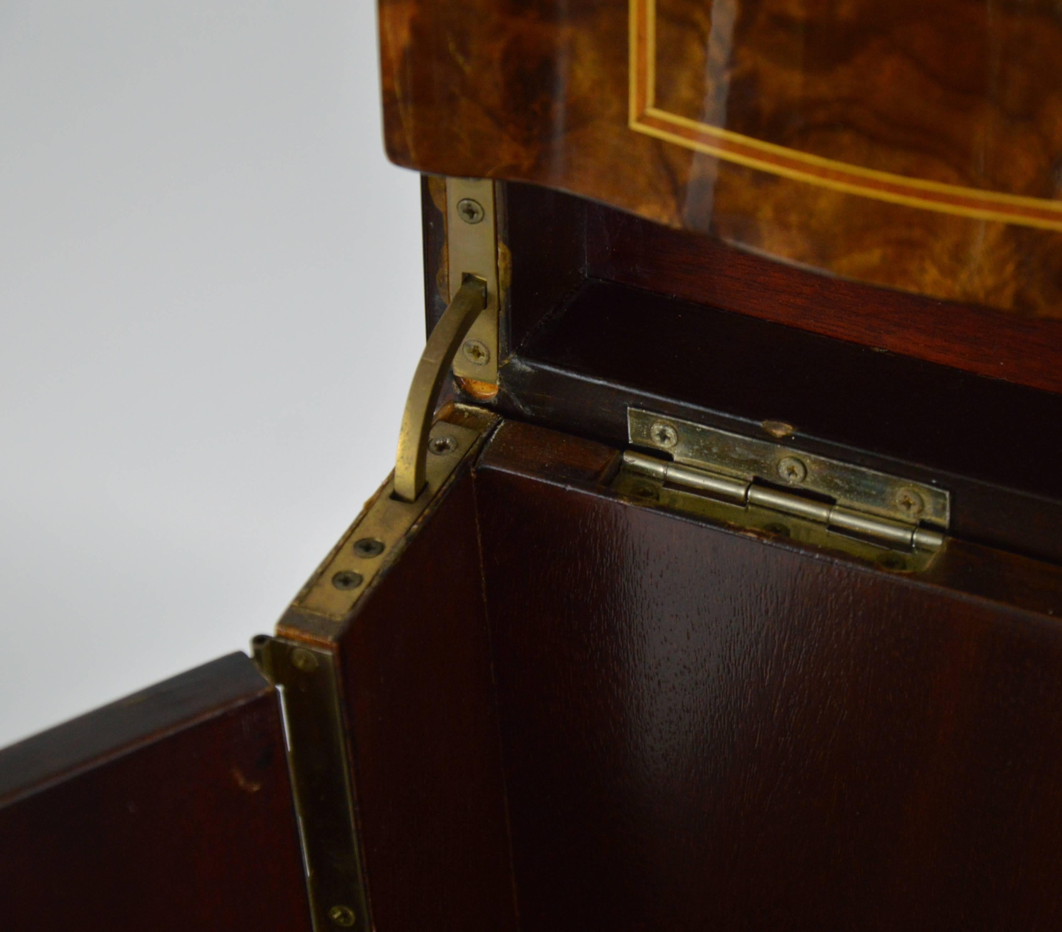 20th Century Walnut Marquetry Liquor Cabinet Box with Four Decanter & 13 Etched Gilt Glasses