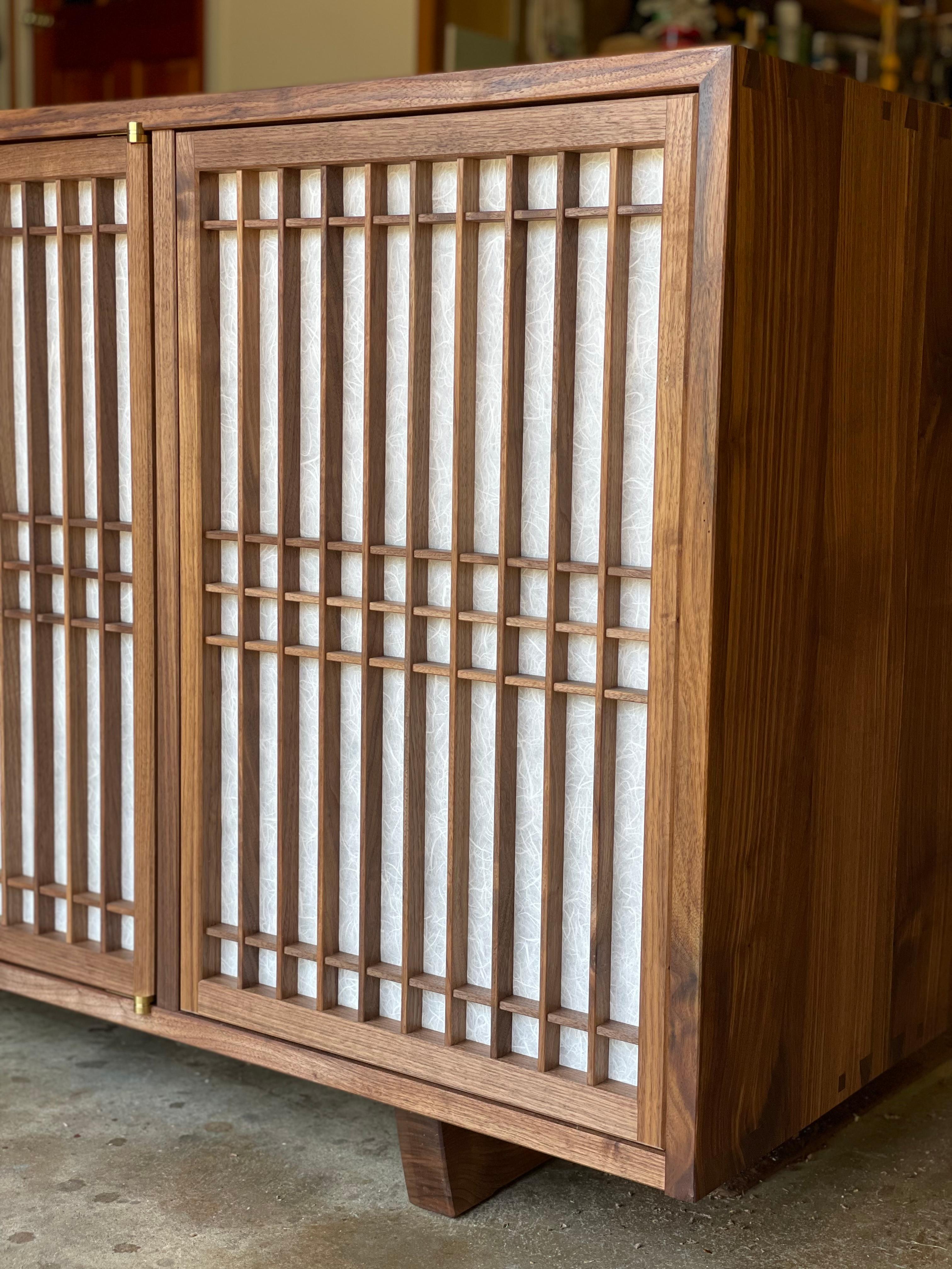 Walnut Media Cabinet Room Divider with Shoji Doors In New Condition For Sale In Princeton, NJ