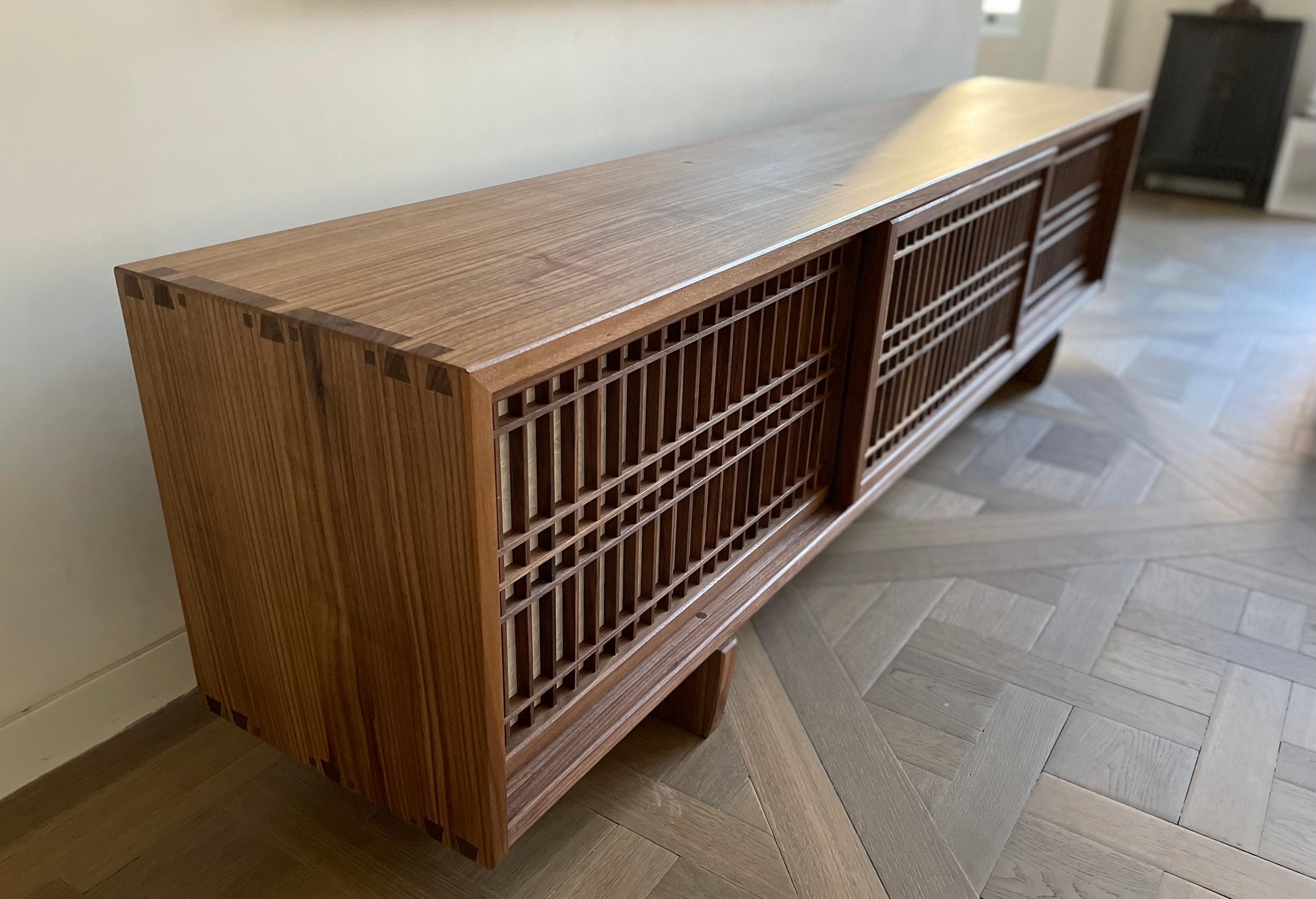 Walnut Media Console Room Divider with Sliding Shoji Doors In New Condition For Sale In Princeton, NJ