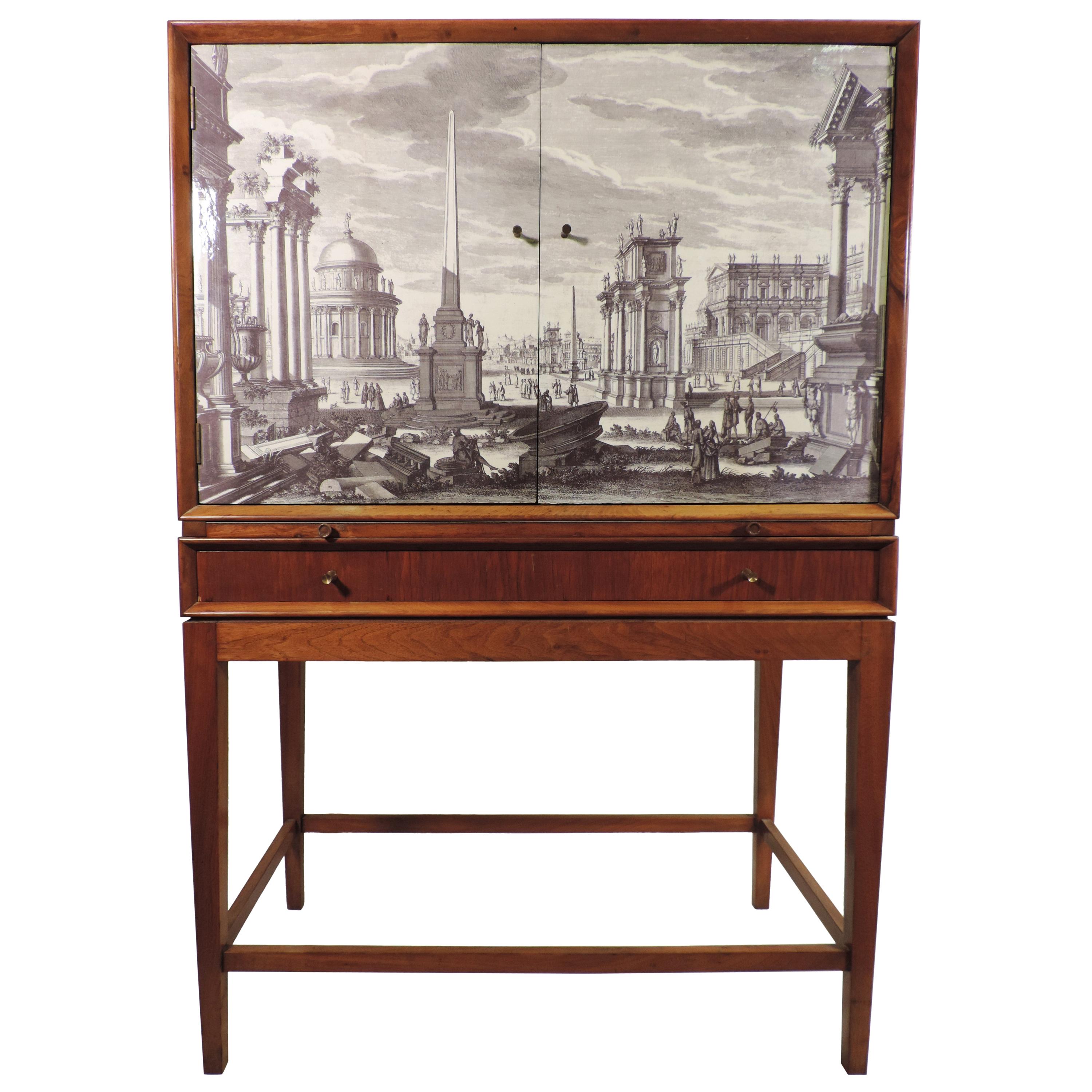 Walnut Midcentury Cabinet, Dry Bar, Velum Doors in the Manner of Fornasetti