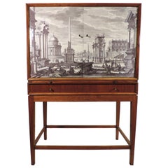 Retro Walnut Midcentury Cabinet, Dry Bar, Velum Doors in the Manner of Fornasetti