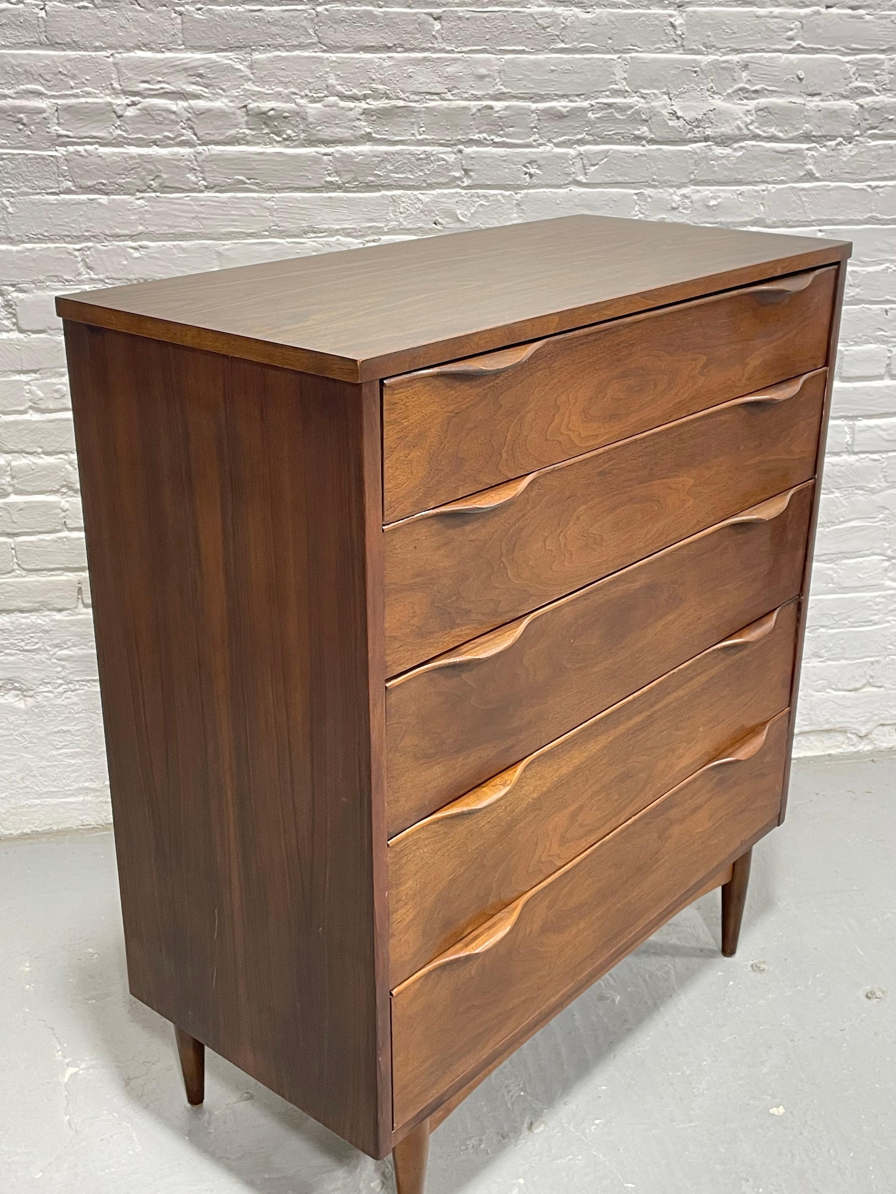 Walnut Mid Century MODERN Sculpted Tall DRESSER / HIGHBOY, c. 1960's In Good Condition In Weehawken, NJ