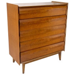 Walnut Mid-Century Modern Sculptural 5 Drawer High Chest Dresser Mint!
