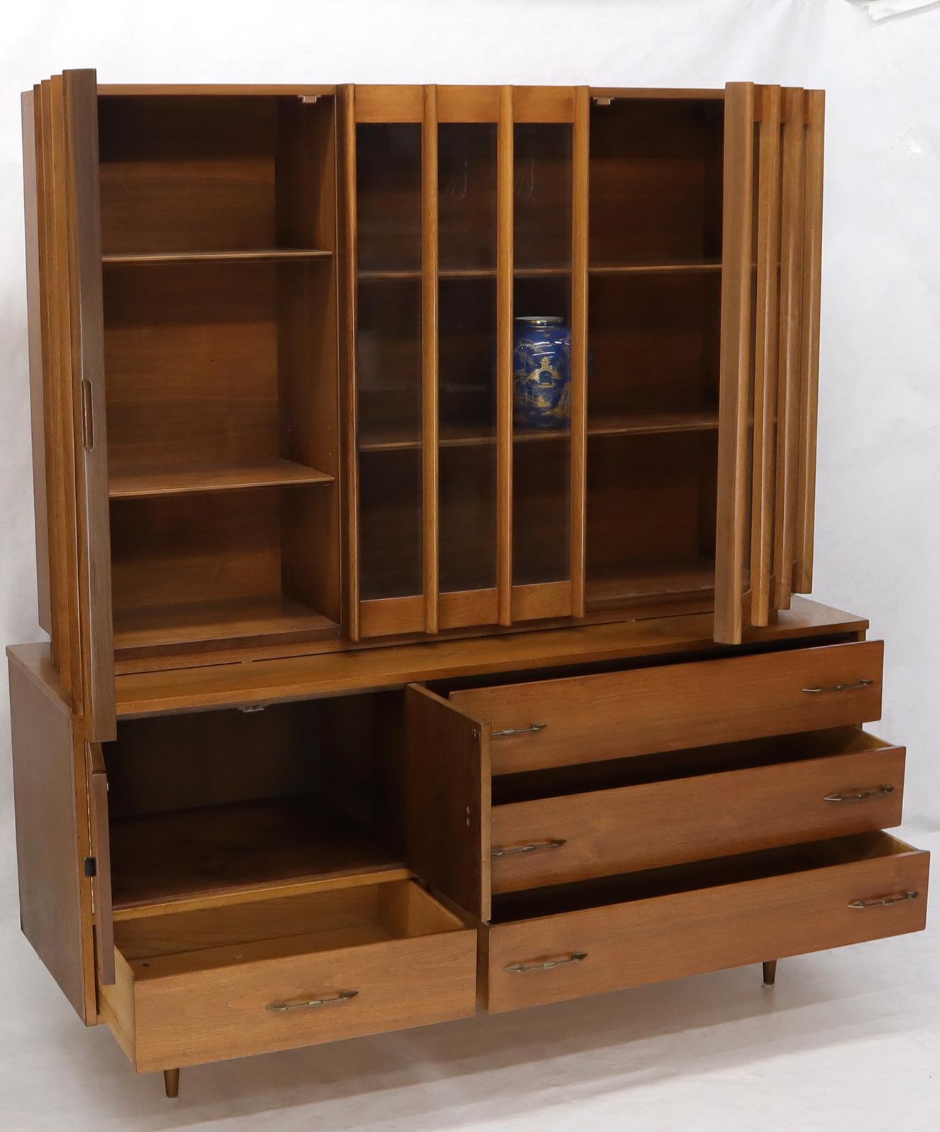 American Walnut mid century modern two-part hutch credenza display cabinet glass doors For Sale