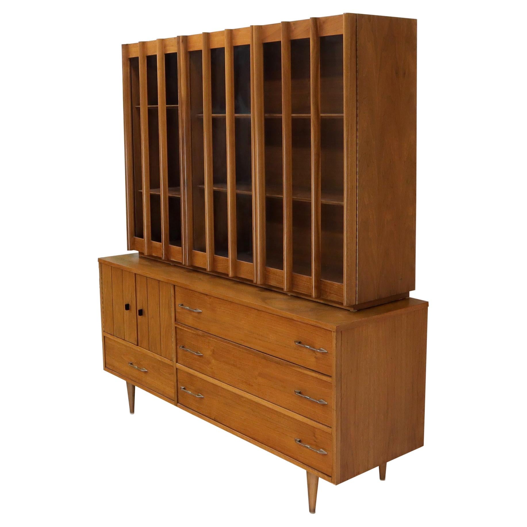 Walnut mid century modern two-part hutch credenza display cabinet glass doors For Sale