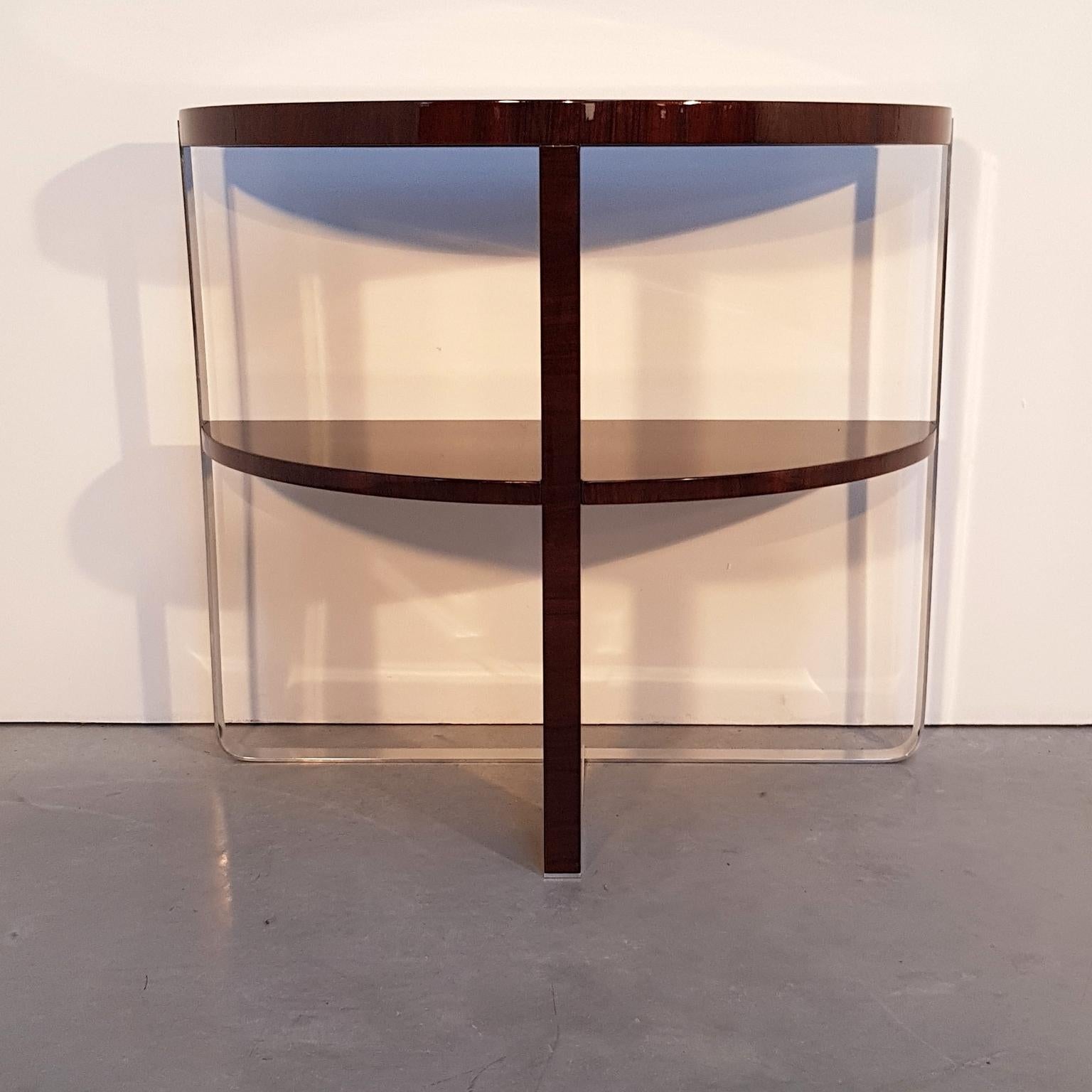 French modern console with lacquered walnut veneer and nickel-plated metal legs. Fresh style from 1980s.