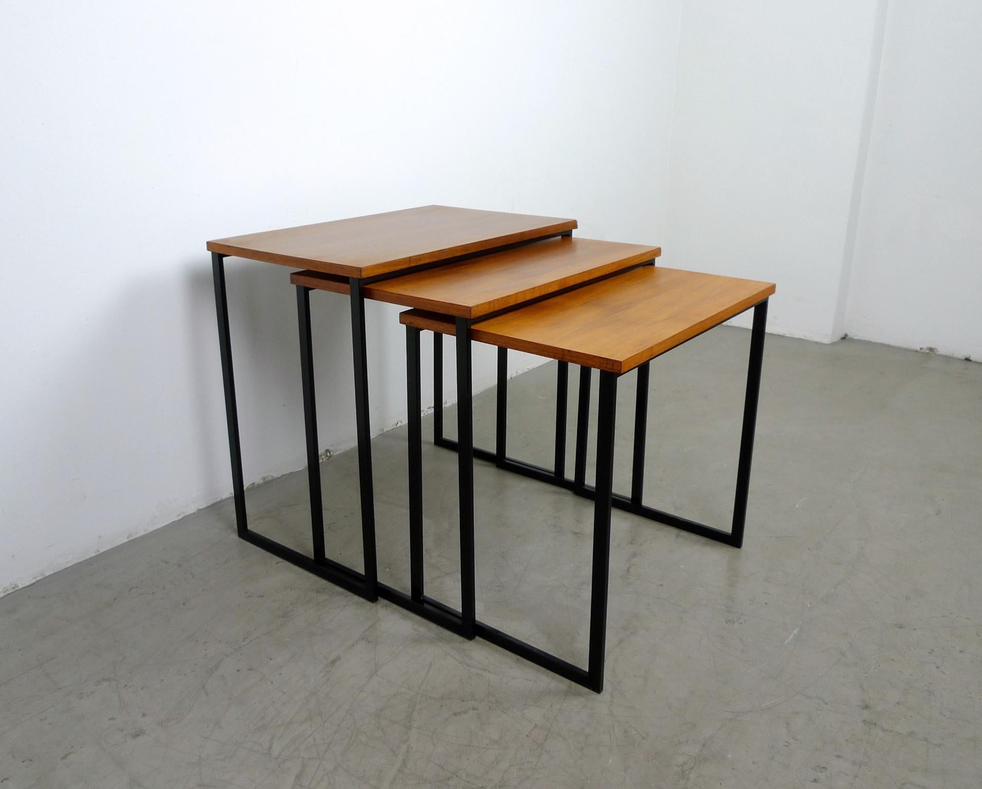 Lacquered Walnut Nesting Tables with Metal Frames, Germany, 1960s