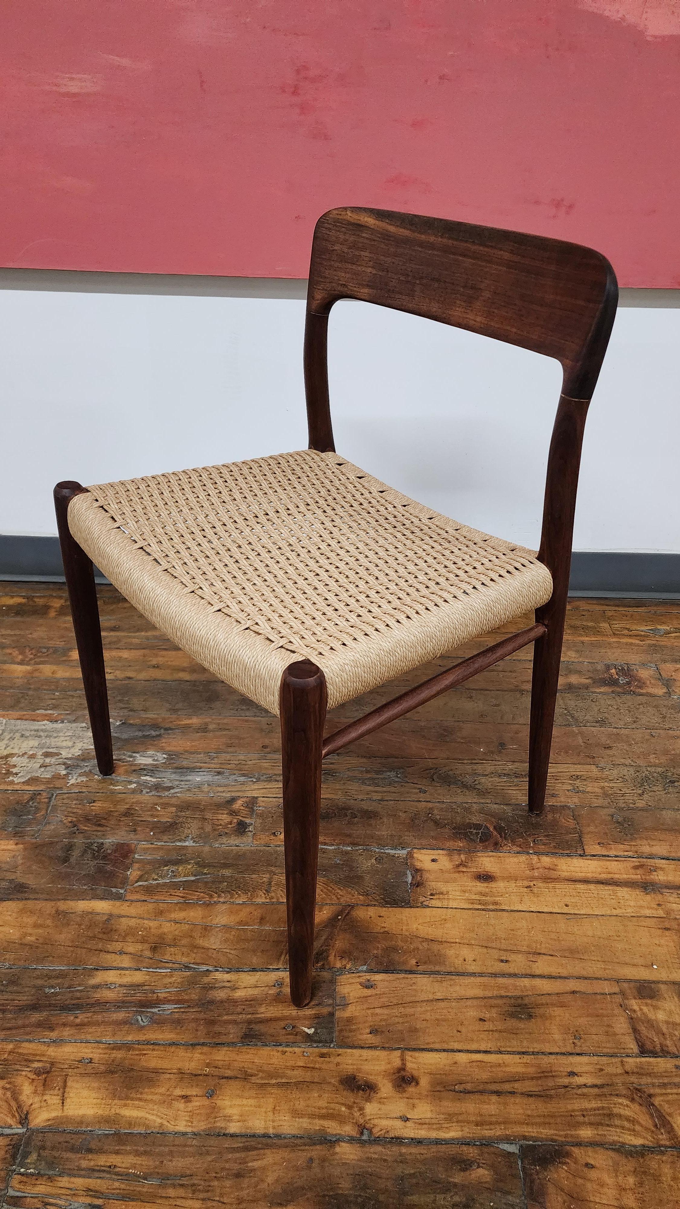 Beautiful refinished danish walnut side chair by Niels Moller for J.L. Moller. this chair has been professionally refinished and has a new danish paperwork seat. this chair would work as single side chair, desk chair or add to a set.