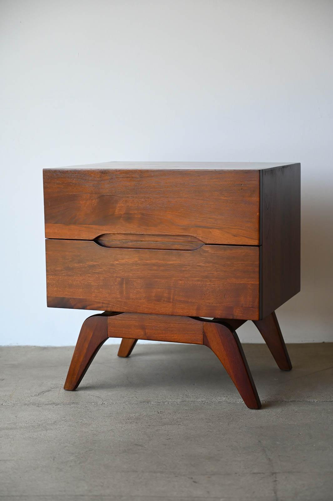 Walnut Nightstand or End Table by Ace-Hi of California, ca. 1960.  Solid walnut drawer faces with sculpted legs and beautiful walnut grain on top and sides.  Original condition, not refinished however it does not need to be, still has many good
