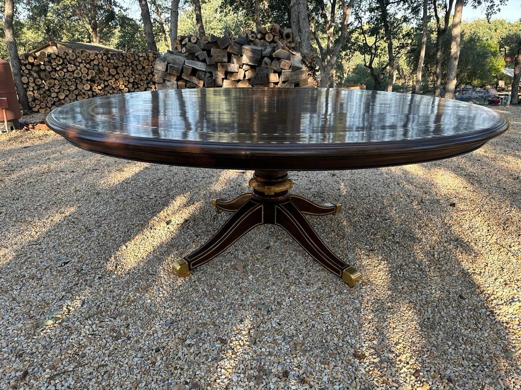 American Walnut & Oak Dining Table with Inlays, gilded bronze ring, after George Bullock For Sale