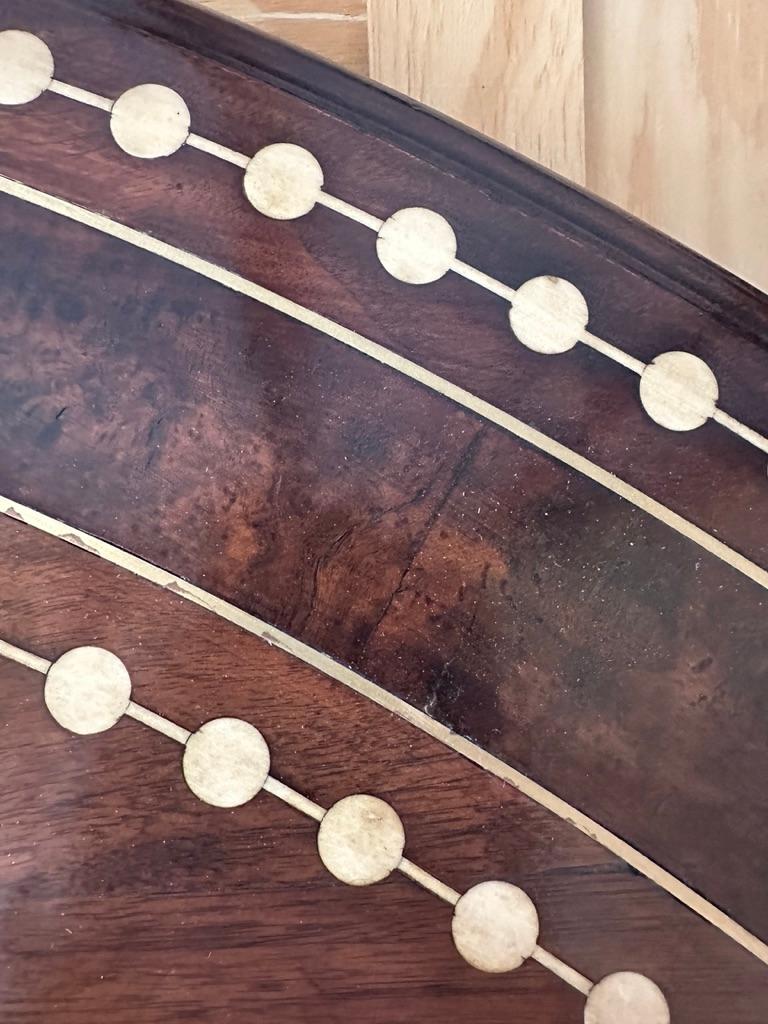 Walnut & Oak Dining Table with Inlays, gilded bronze ring, after George Bullock 2