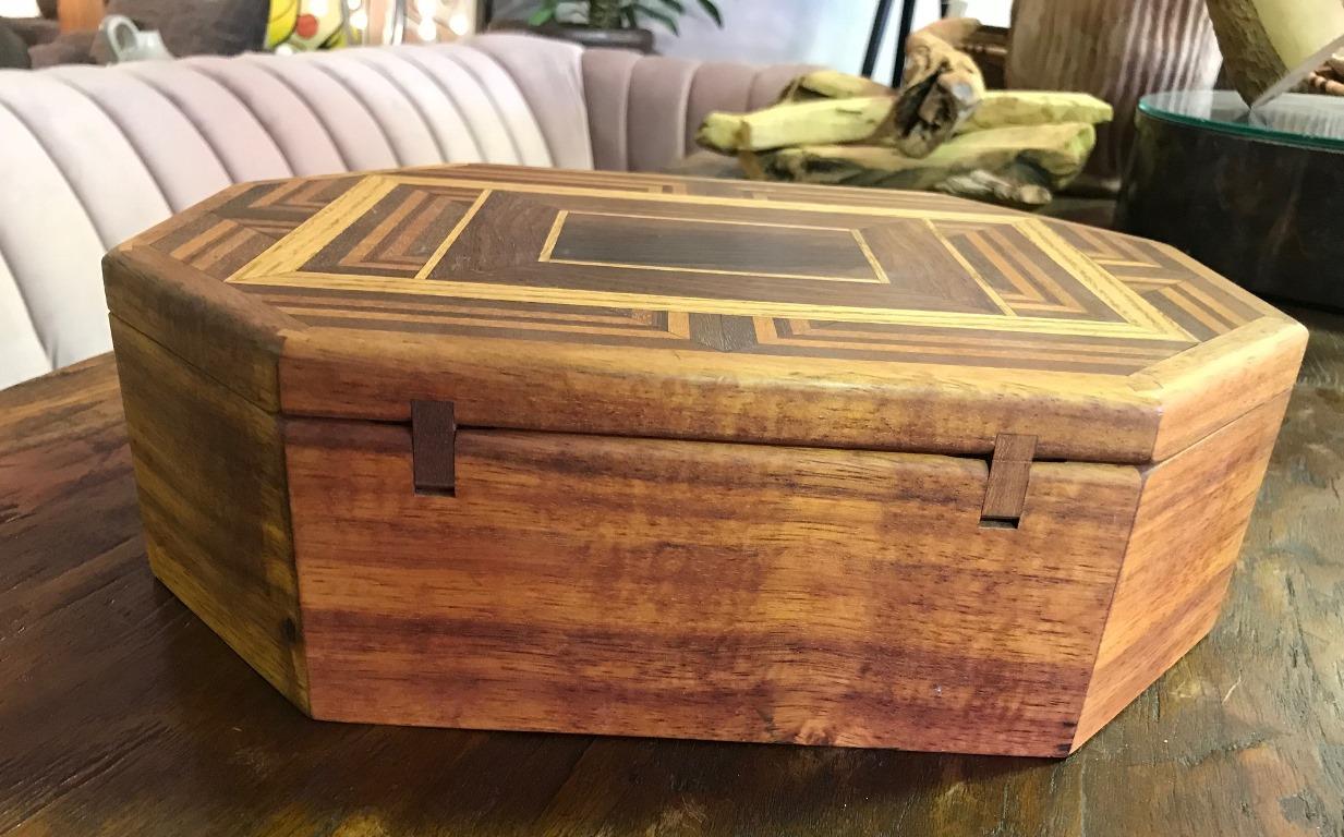 Modern Walnut, Oak, Koa, Mahogany, Brazilian Rosewood Inlaid Octagonal Sided Box
