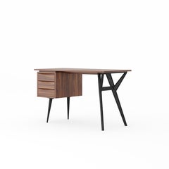 Walnut office desk with organic shape legs and drawers, mid century modern style