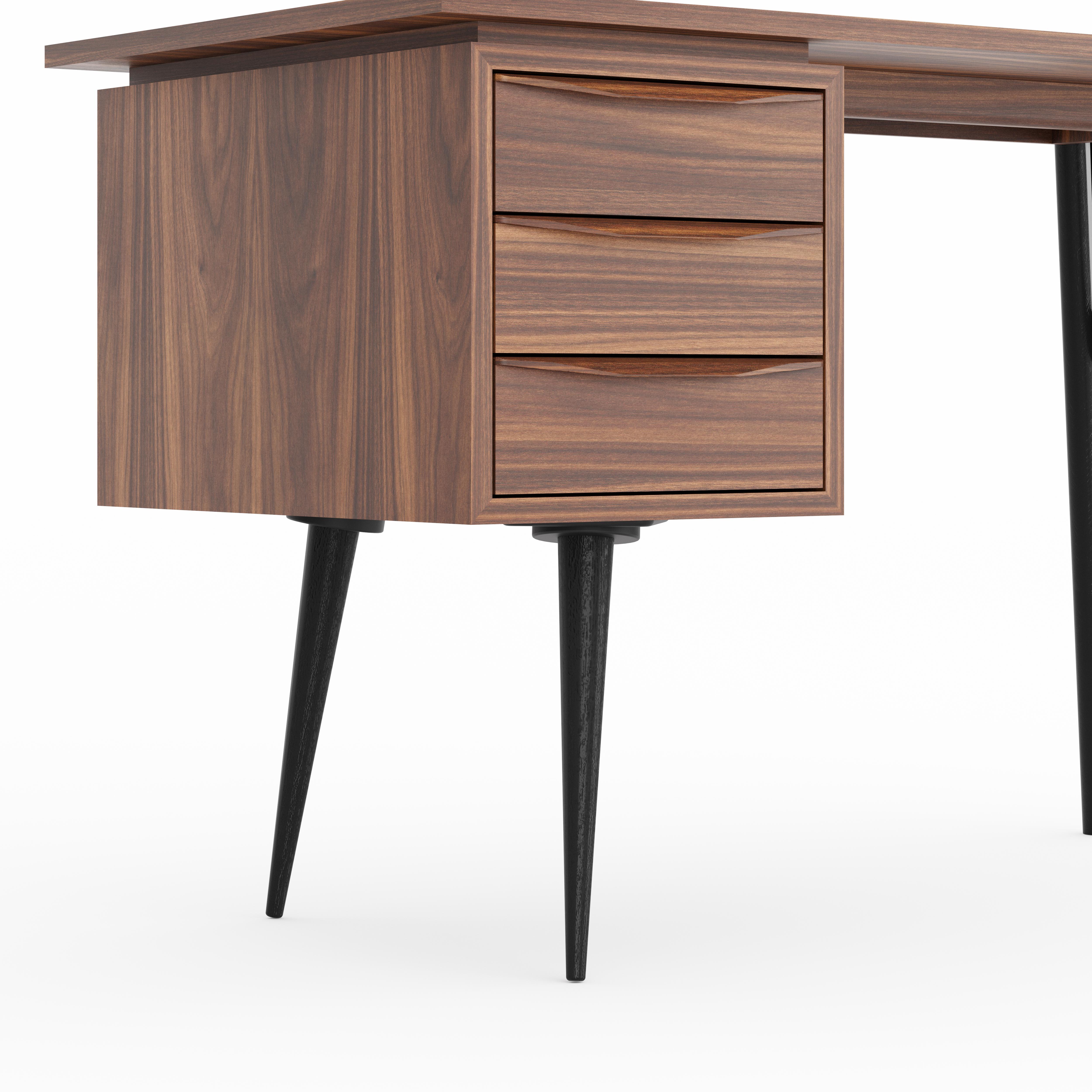 Polish Walnut office desk with organic shape legs and drawers, mid century modern style For Sale