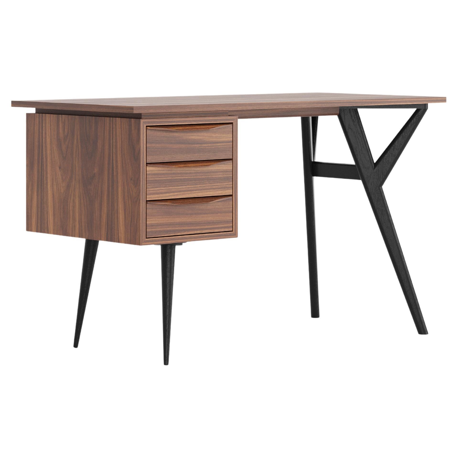 Walnut office desk with organic shape legs and drawers, mid century modern style