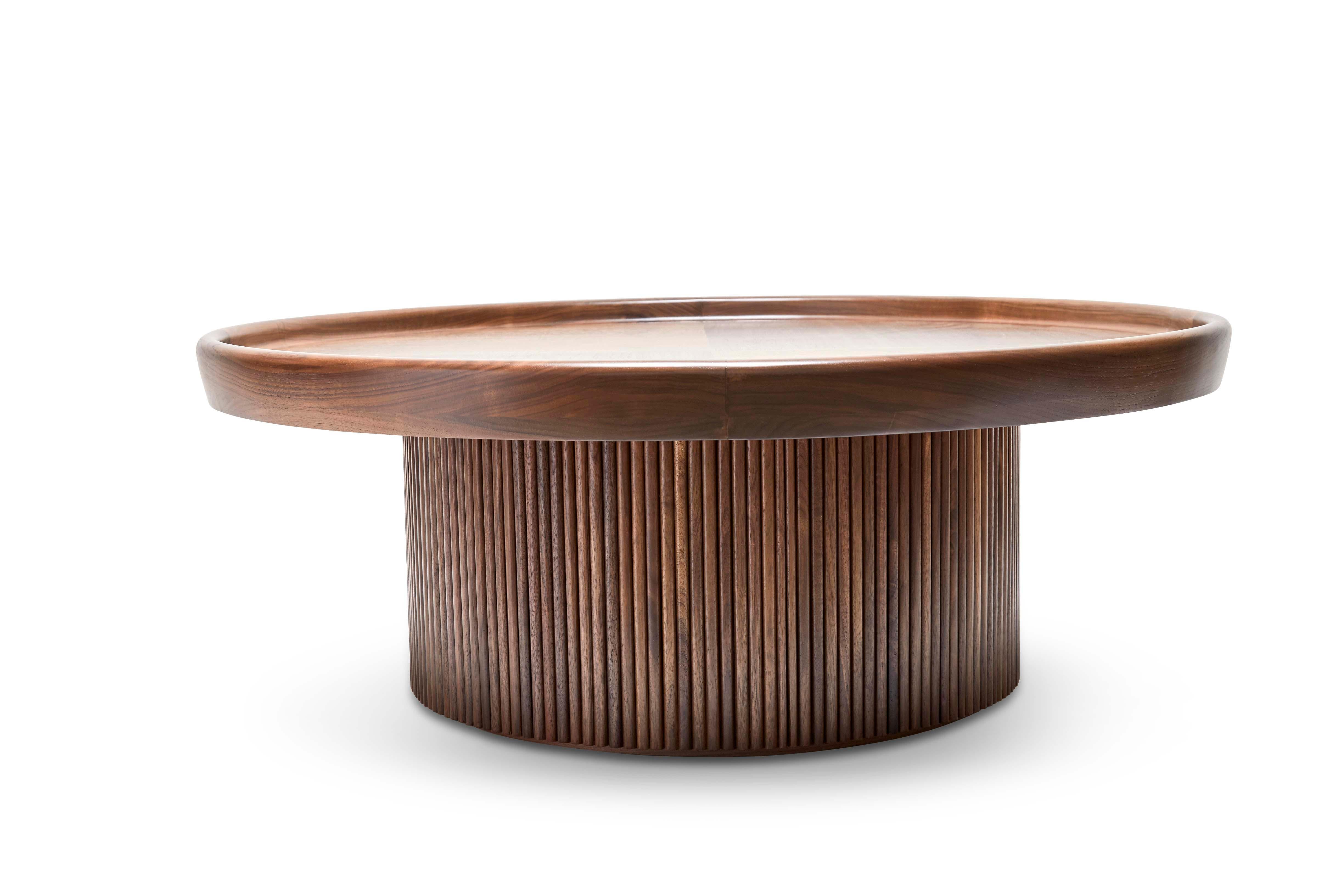 Walnut Ojai coffee table by Lawson-Fenning. The Ojai coffee table features a round top with marquetry and a drum-shaped base with tambour details. Available in American walnut or white oak. 

The Lawson-Fenning Collection is designed and handmade