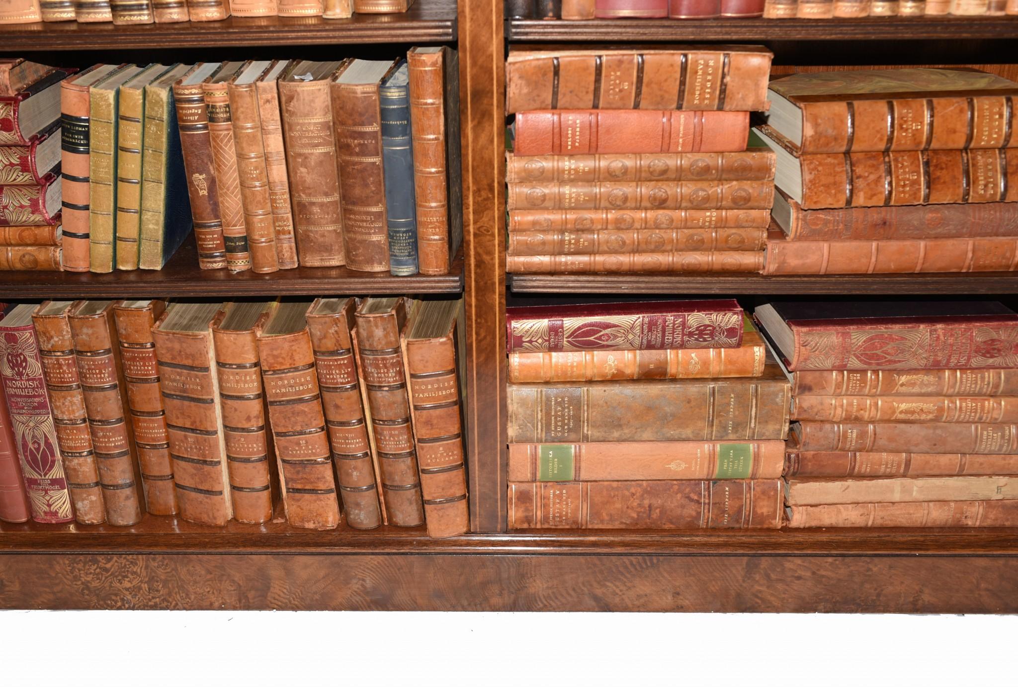 Late 20th Century Walnut Open Bookcase, Regency Inlay Bookcases Study Interiors For Sale