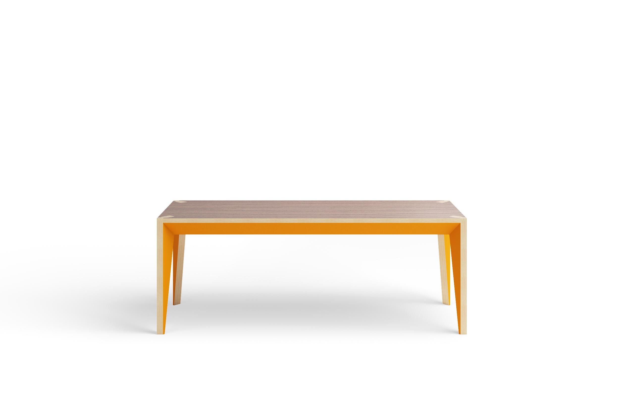 This versatile and essential bench is both iconic and minimal. The painted facets of its angular geometry capture the ever-changing gradients of light. The legs interlock into the notched top to create a beautiful joinery detail and sturdy