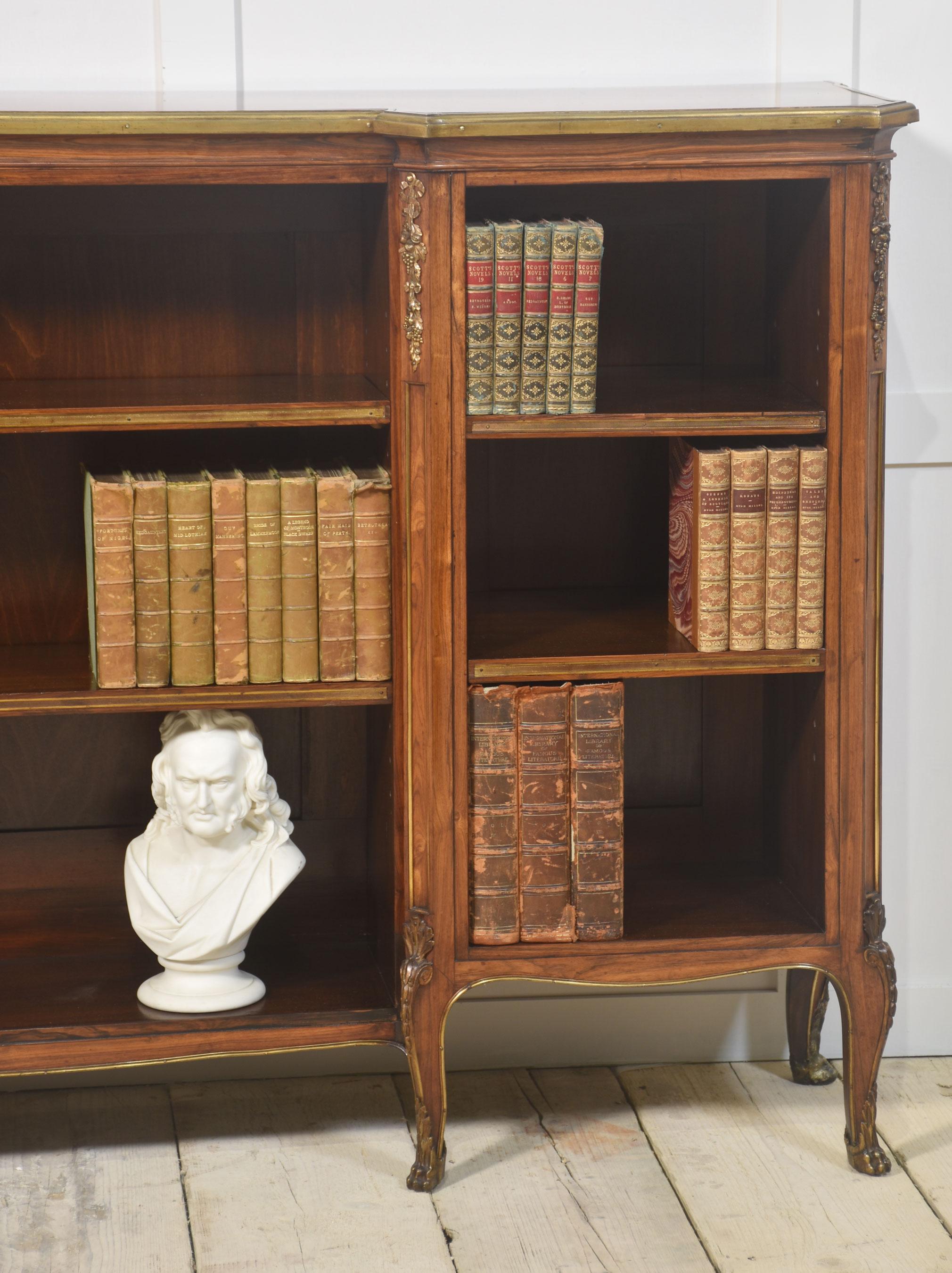 British Walnut ormolu mounted open bookcase For Sale