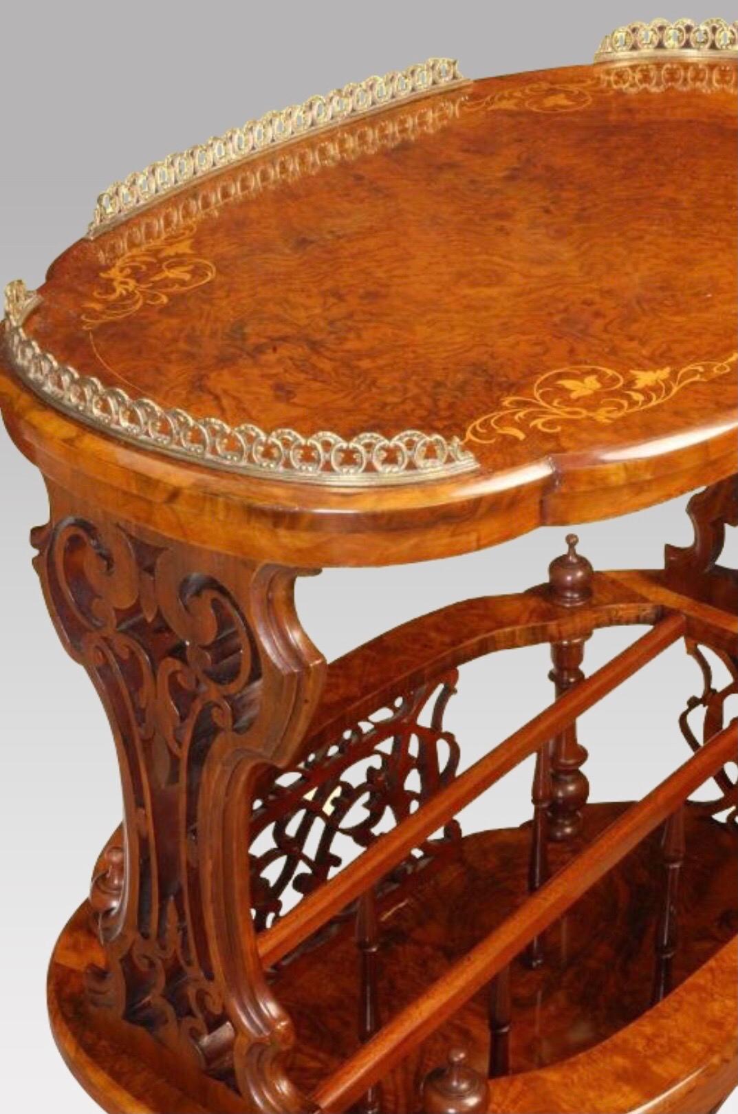 Magnificent inlaid burr walnut oval antique canterbury lamp magazine table
with brass gallery 

Measures: 36ins x 27ins x 18ins.

 