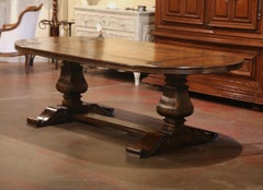 Walnut Oval Trestle Dining Room Table with Inlay Decor and Fleur-de-Lis