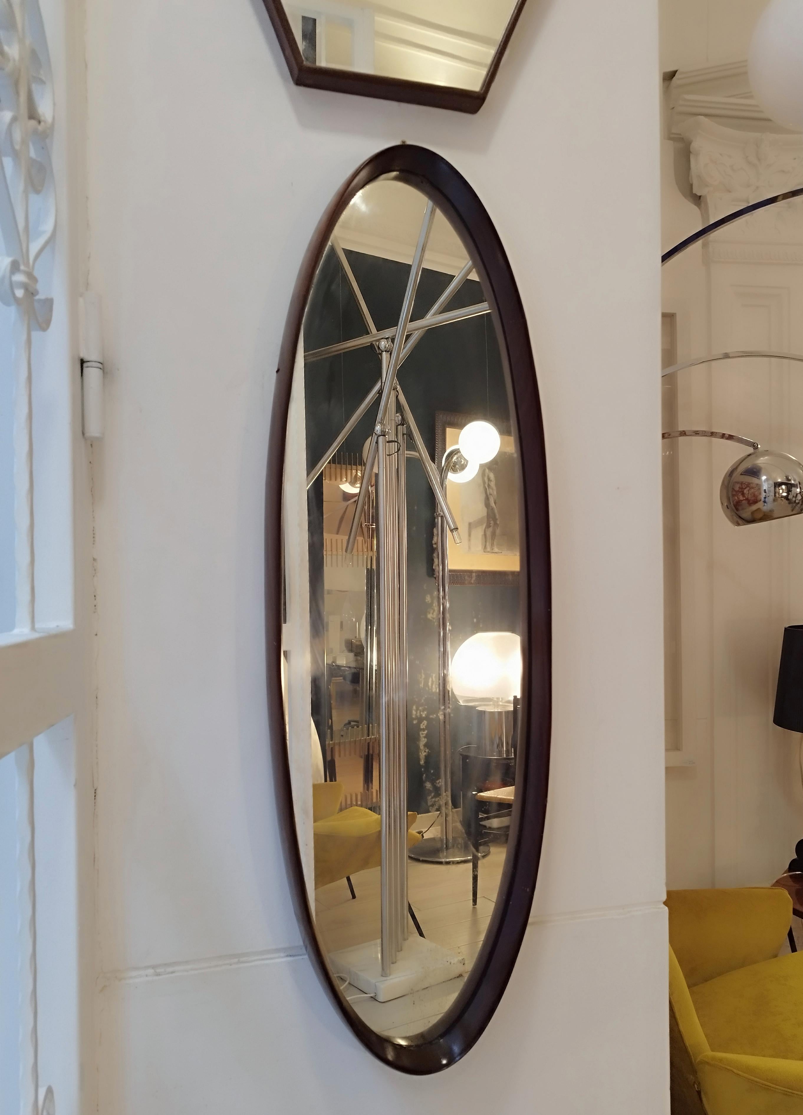 Italian Walnut Oval Wall Mirror, Italy, 1960s For Sale