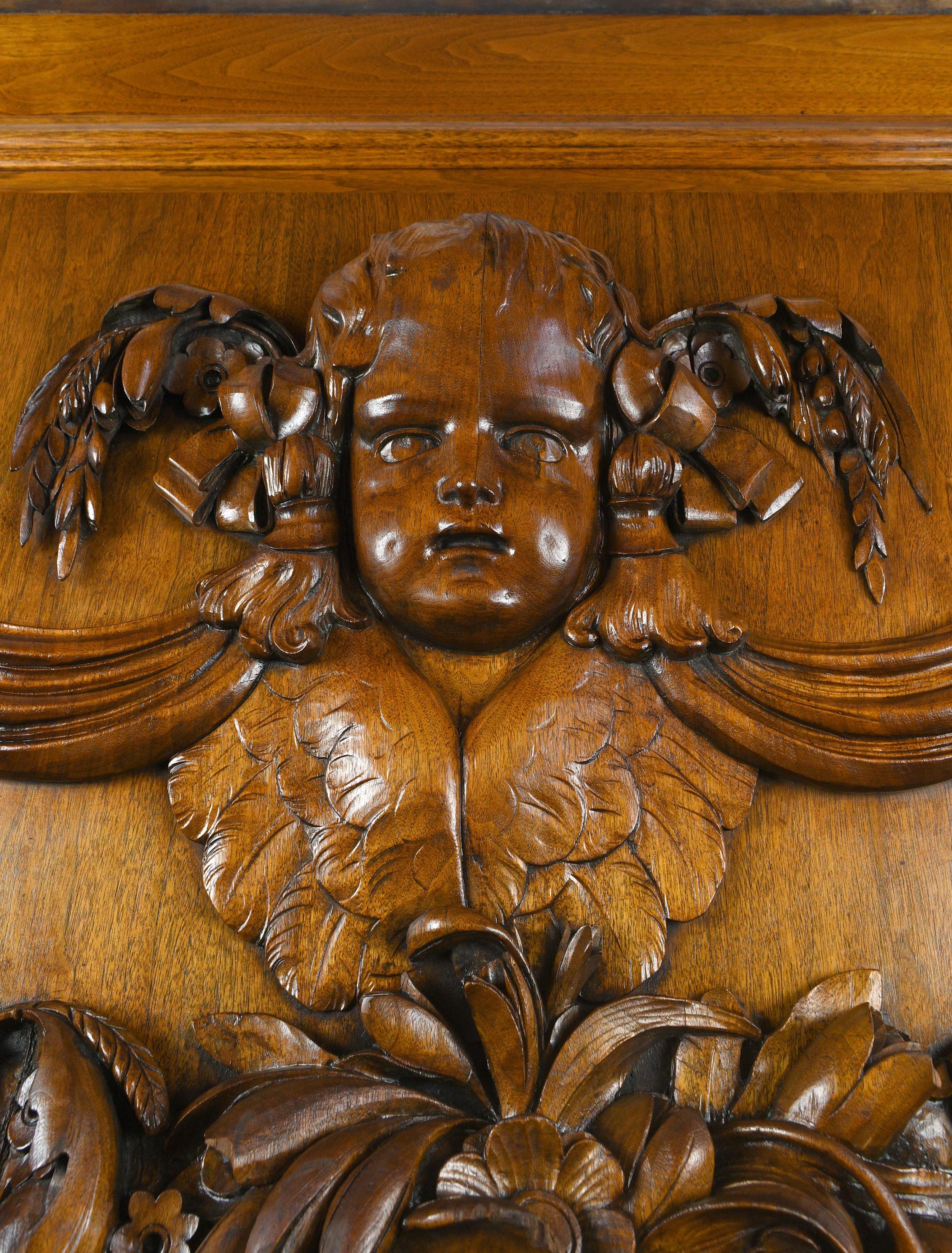 19th Century Walnut Panels with Carved Cherubs  For Sale