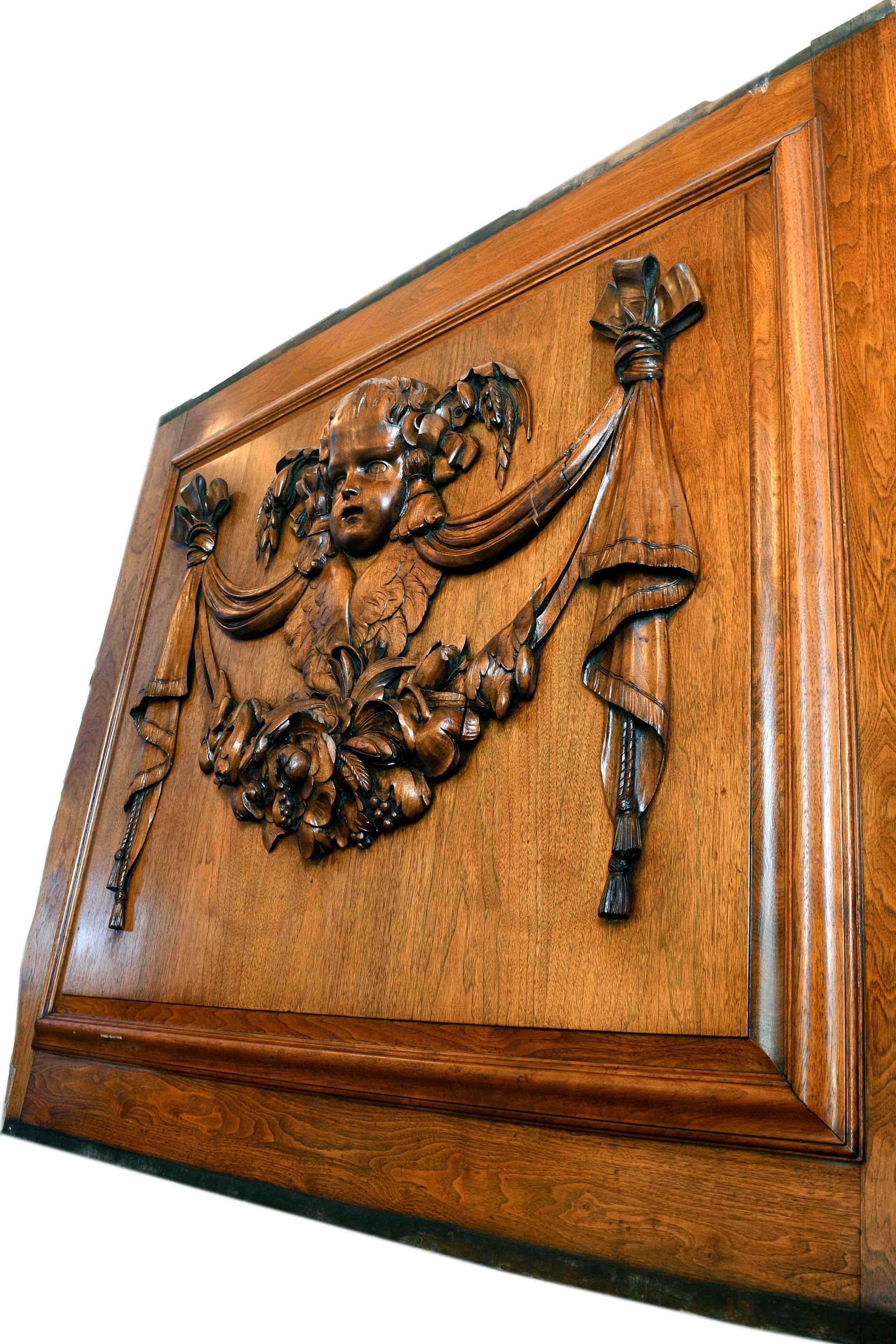 Wood Walnut Panels with Carved Cherubs  For Sale